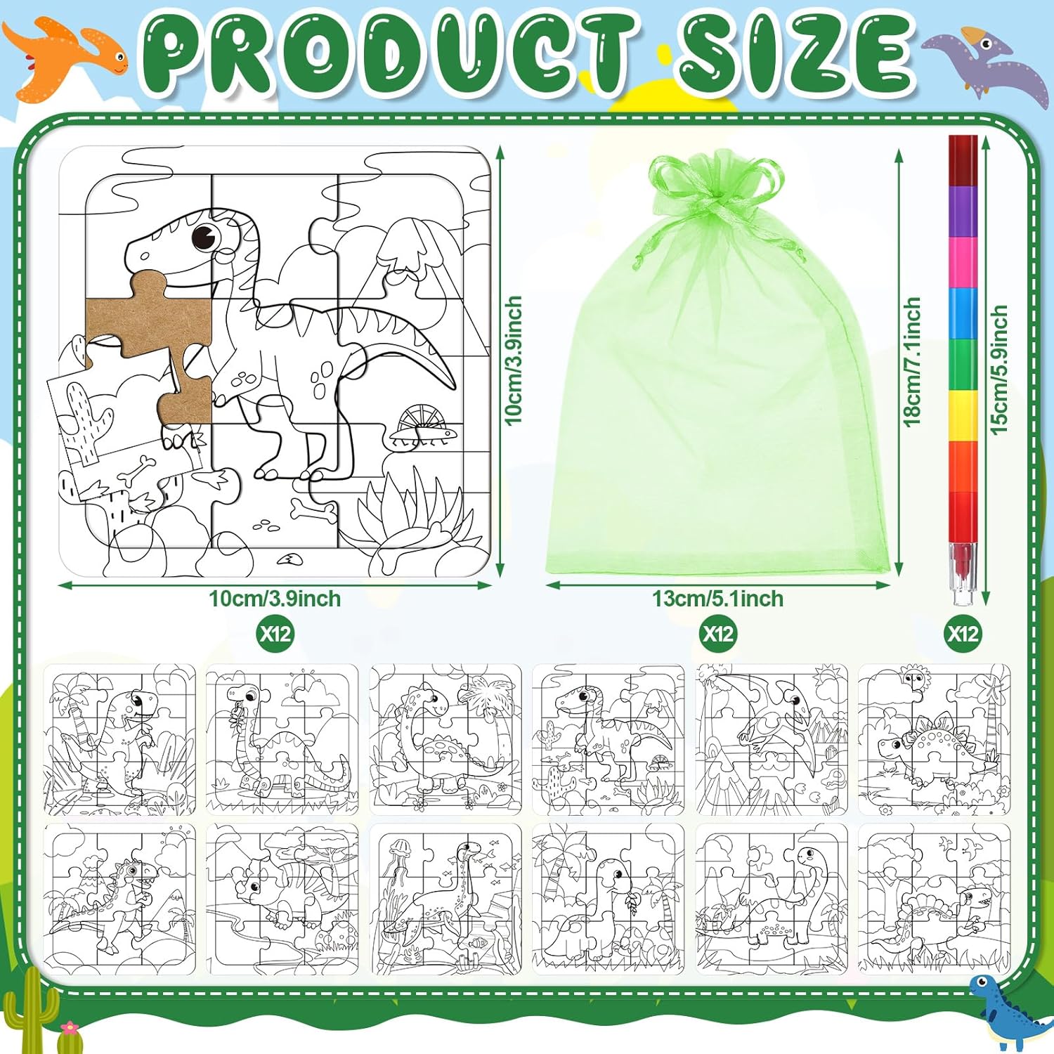 Fullhawl 12 Sets Dinosaur Puzzles for Dinosaur Theme Color Your Own Puzzles DIY Dino Jigsaw Crafts with 12 Stackable Crayons and 12 Bags for Tropical Jungle Gifts Birthday Party Supplies Favors