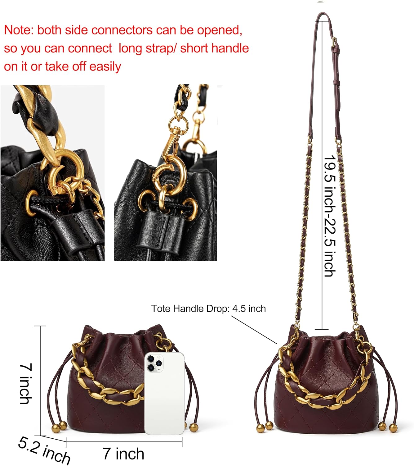 DORIS&JACKY Small Top Handle Bucket Bag, Designer Lambskin Drawstring Crossbody Purse with Chunky Chain Tote Strap