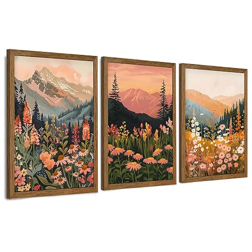 WRFON Botanical and Flower Canvas Wall Art, Framed Mountain Landscape