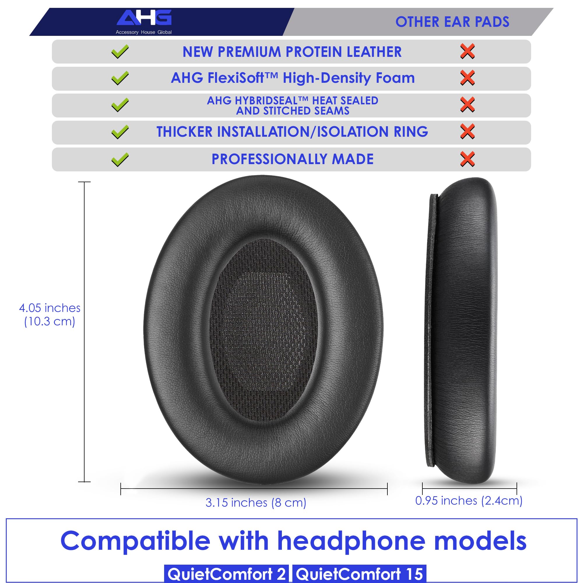 AHG Accessory House Global QC2 QC15 Ear Pads and QC2 QC15 Headband pad Cushion. Compatible with Bose QuietComfort 15 (QC15) and Bose QuietComfort 2 (QC2) Headphones. Easy DIY Fit/Extra Thick