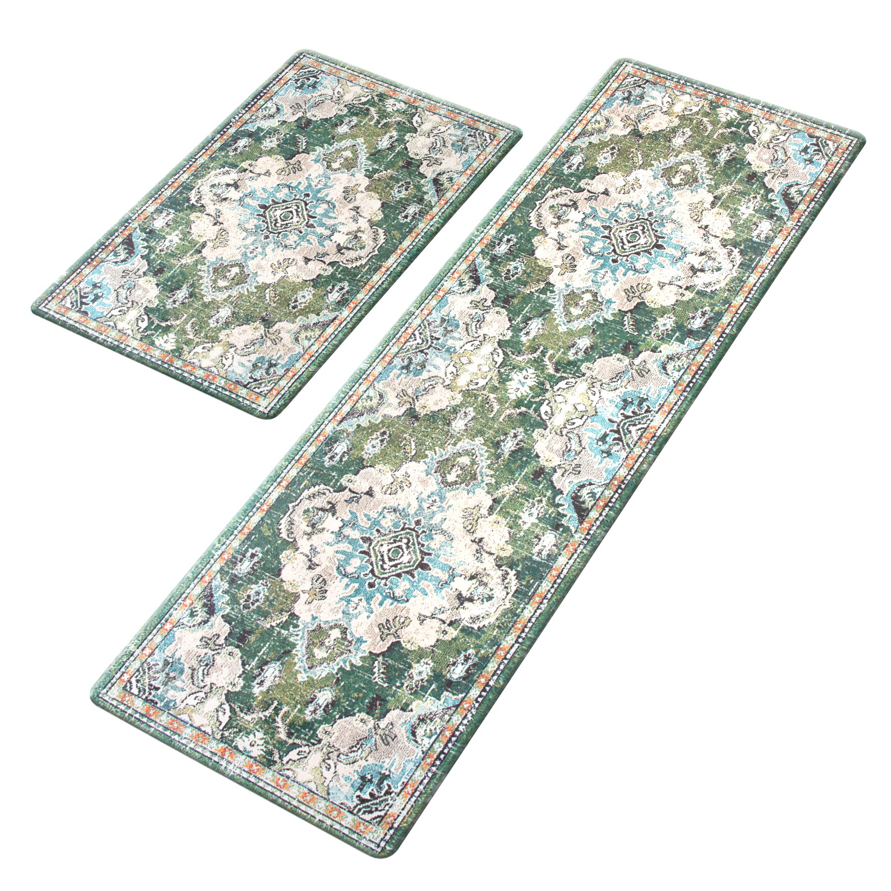 MATBAR Anti Fatigue Kitchen Mats for Floor 2 Piece Set Green Cushioned Kitchen Rugs Non-Skid Waterproof Boho Comfort Floor Mat Runner for Standing Office Laundry(17x29+17x59Inch)