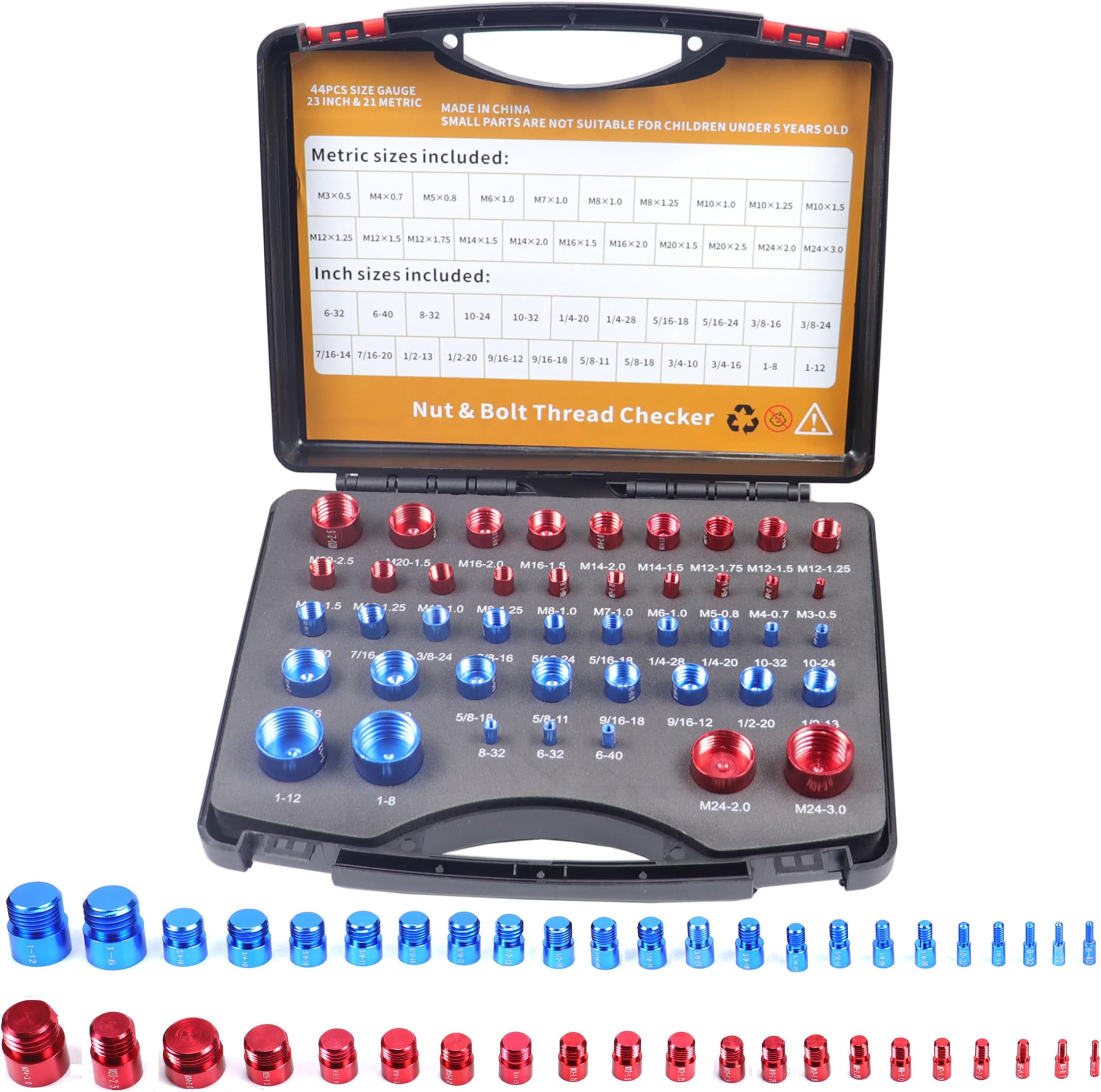 44pcs Nut and Bolt Thread Checker, 23 Inch & 21 Metric Box Set Thread Gauge, Thread Checker Standard and Metric Suitable for Size Checker of Bolts or Nuts in Narrow Areas