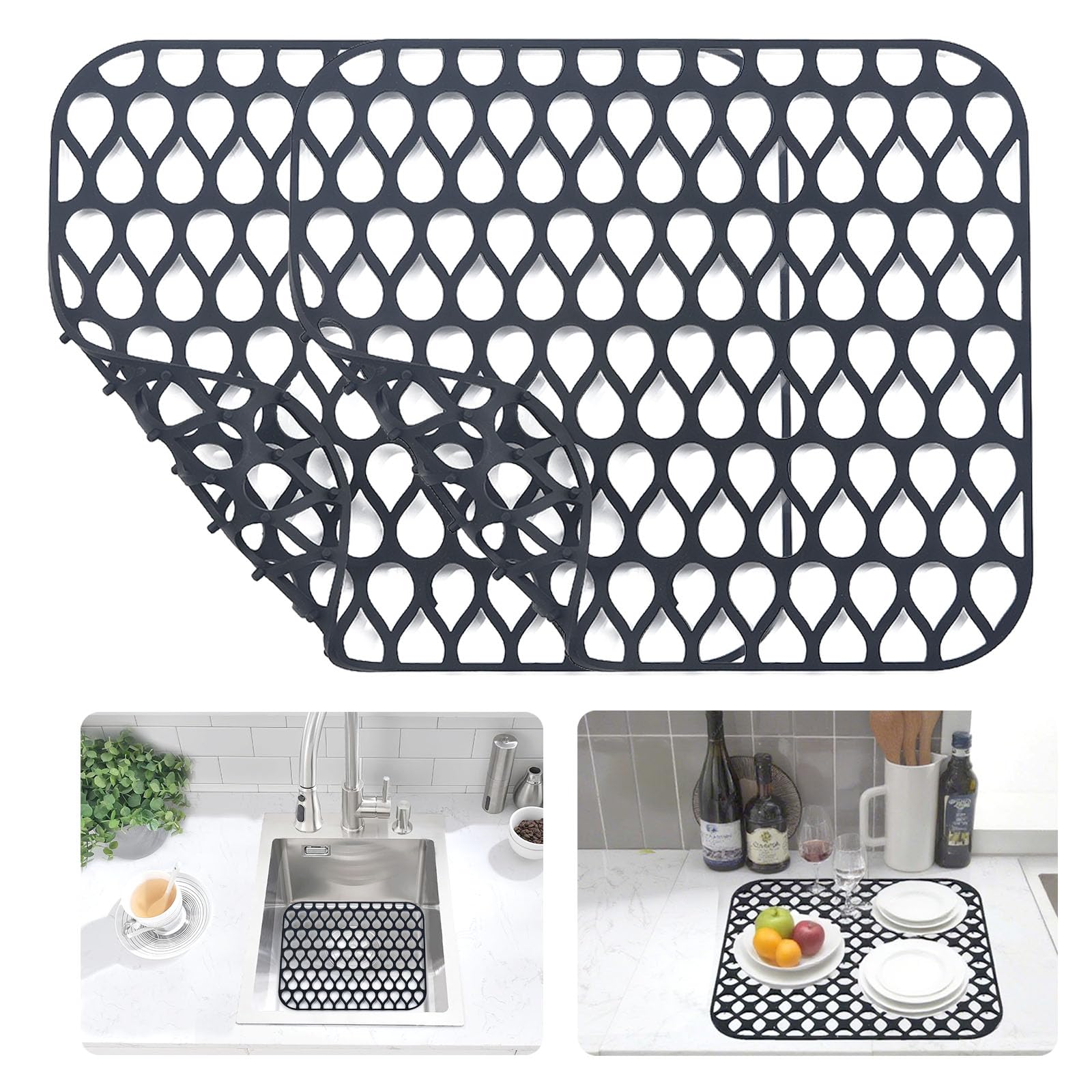 iAnomla Silicone Sink Mat, 34x30cm, 2PCS Folding Non-Slip Sink Protectors for Kitchen Sink, Mats Counter Protector for Bottom of Kitchen Sink, Dishes and Glassware Drain Mat - Black