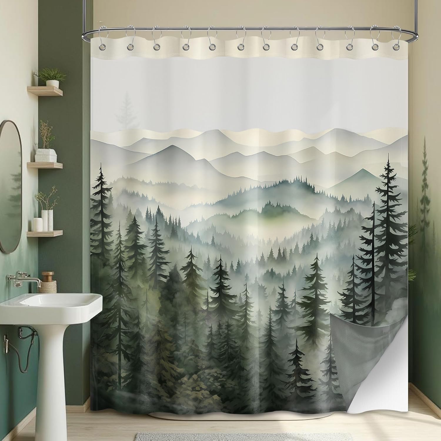 Forest See Through Mesh Top Shower Curtain with Window, Nature Mountain Double Layer Shower Curtains with Snap in Liner with Magnets, Waterproof Cloth Fabric with Hooks, 71" W x 72" L