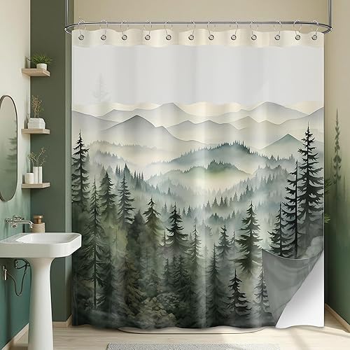 Miniatura 3 de Cortina de ducha con parte superior de malla transparente con ventana, cortinas de ducha de doble capa con forro a presión con imanes, tela de tela