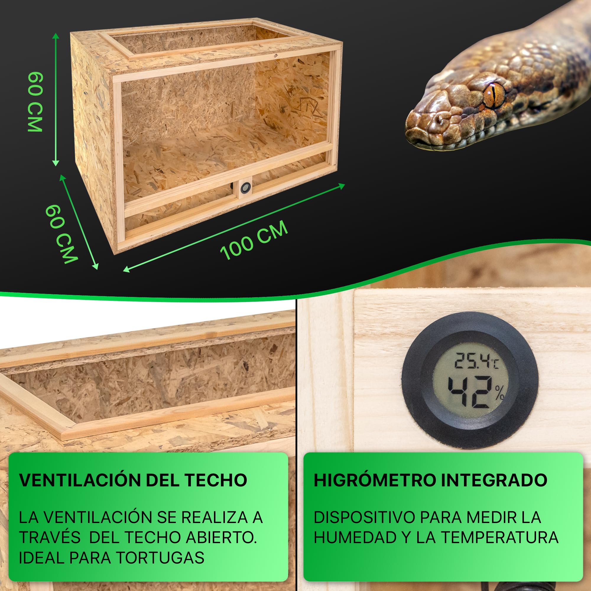 ITA Terrario de Madera 100x60x60 cm con Techo Abierto e higrómetro Integrado - Terrarios de OSB-3 - para Reptiles, Serpientes, Anfibios - Producto UE, Certificado FSC