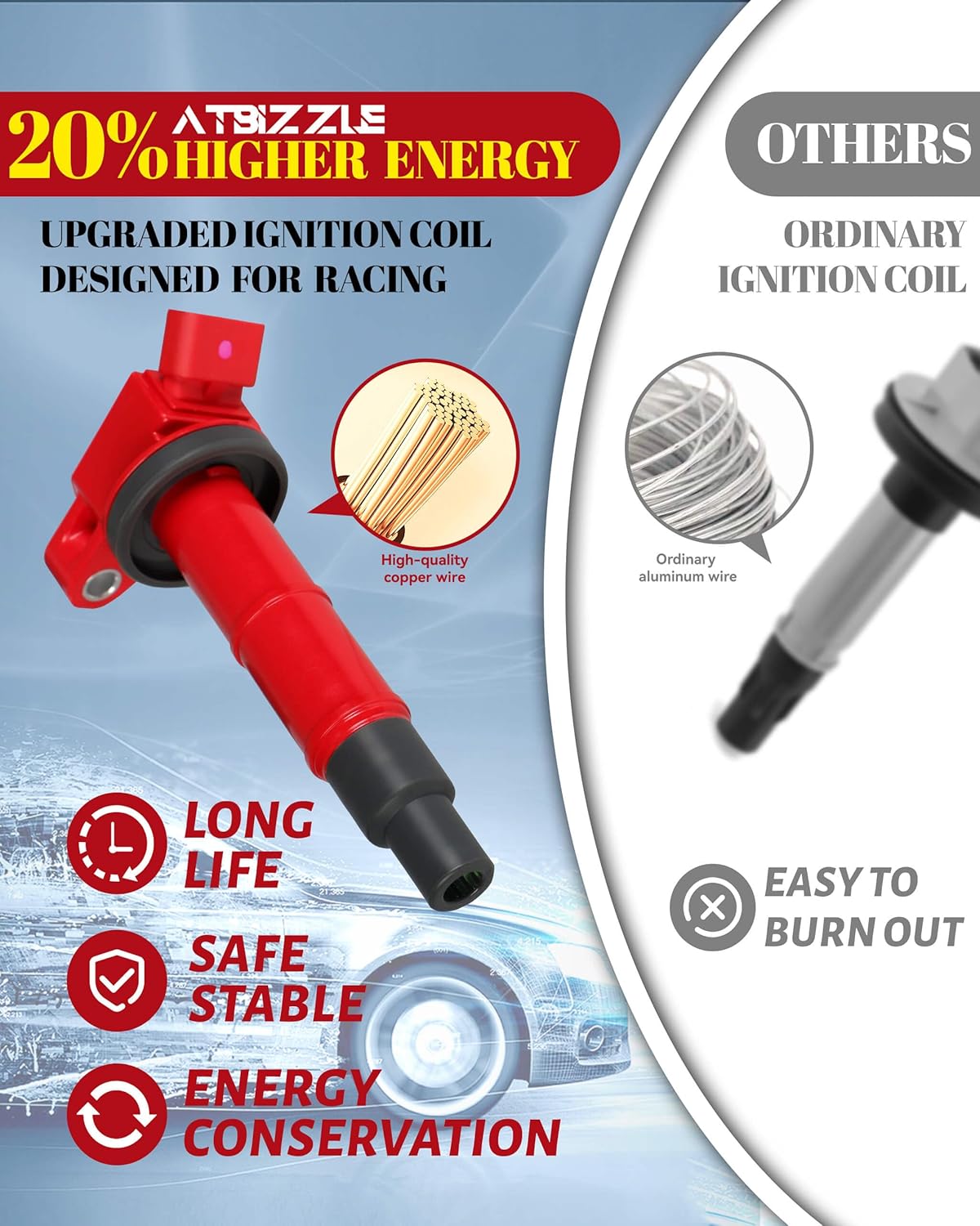 Ignition Coil Packs UF333 and Iridium Spark Plugs 7092 Fits for Toyota Camry Corolla RAV4 Solara Matrix Highlander Lexus HS250h Scion xB tC 2.0L 2.4L L4 2007 2008 2009 2010, Set of 4, Red