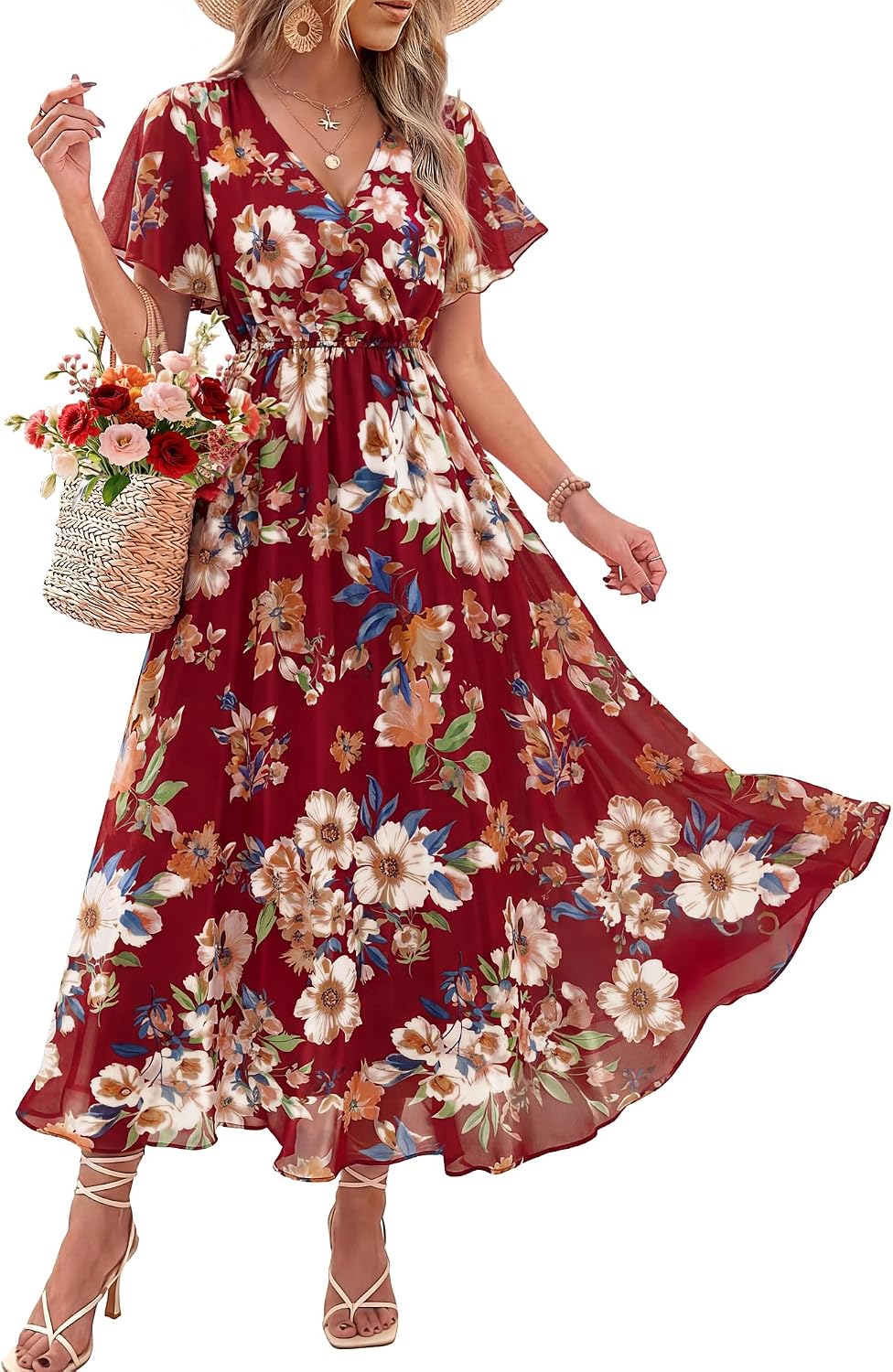 Bebonnie Womens Summer Wrap V Neck Short Sleeve Flowy Layers Chiffon Wedding Guest Maxi Dresses