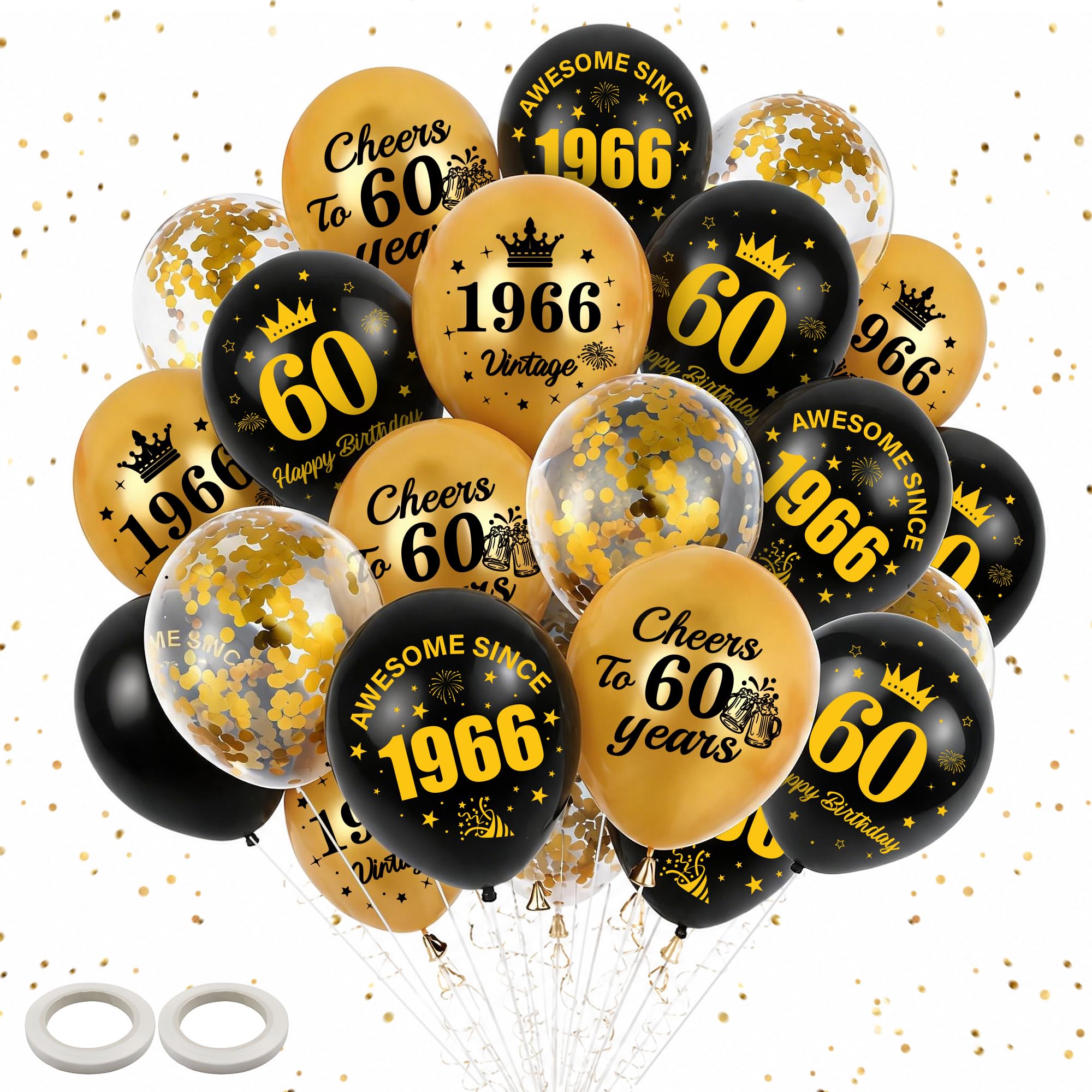 60th Birthday Decorations Balloons Women - 40 Pcs Black and Gold Happy Birthday Awesome Since 1966 Cheers to 60 Years Sequins Balloon with Ribbon for 60 Years Old Men Party Celebration Decor