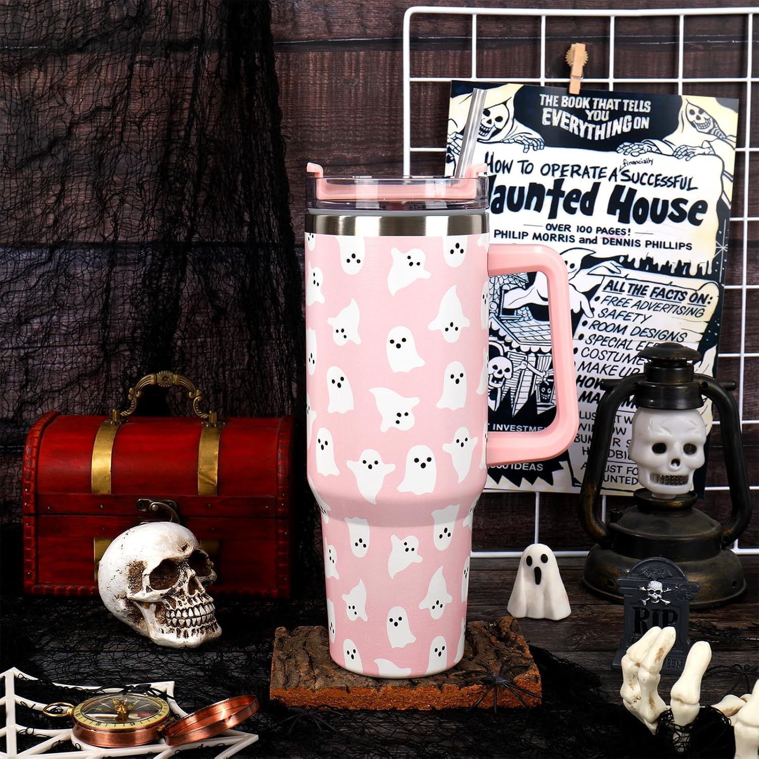 JarThenaAMCS Halloween Ghost Tumbler with Lid Straw 40 Oz Pink Cute Ghost Stainless Steel Cup with Handle Travel Coffee Tumbler for Home Office Party Classroom - Image 5
