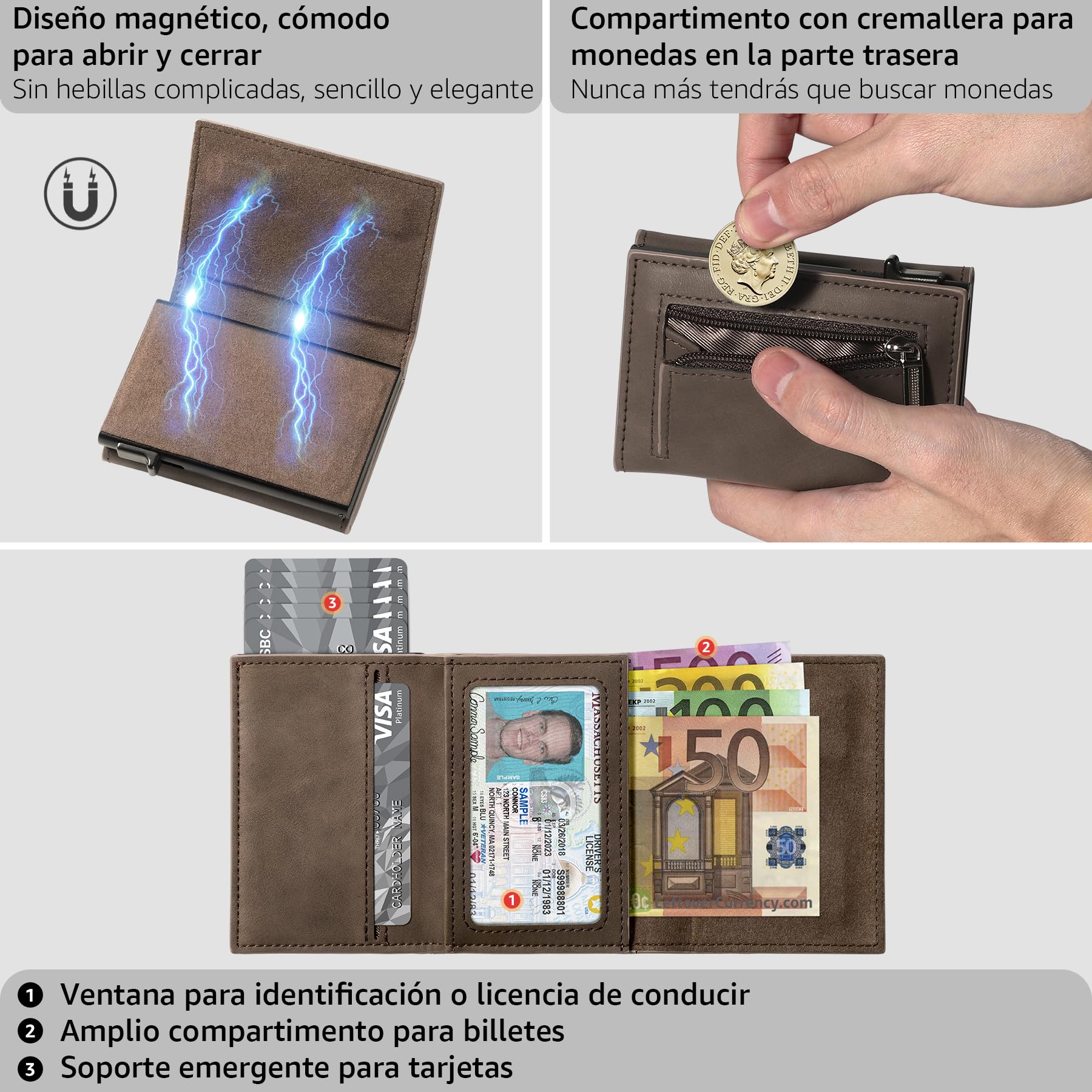 Carteras para Hombre Bloqueo RFID Tarjetero Cierre Magnético Pop-up Cartera Marrón