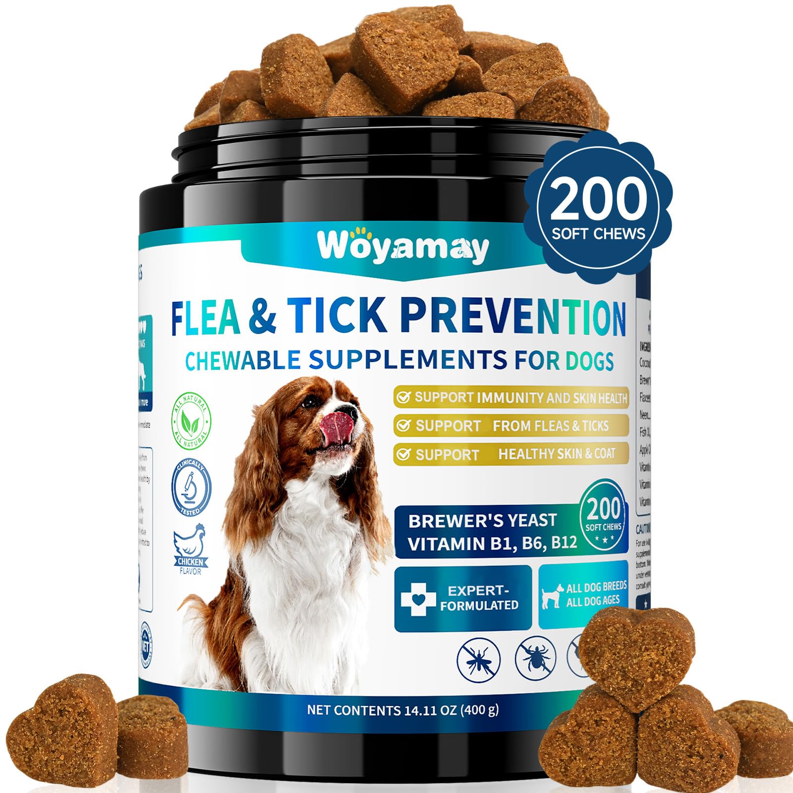 Woyamay200 Natural Dog Flea and Tick Support Chew for Dogs, Dog Flea & Tick Supplement for Dogs and Puppy of All Breeds – Chicken FlavorCarbonfree CertifiedClimeCo Certified