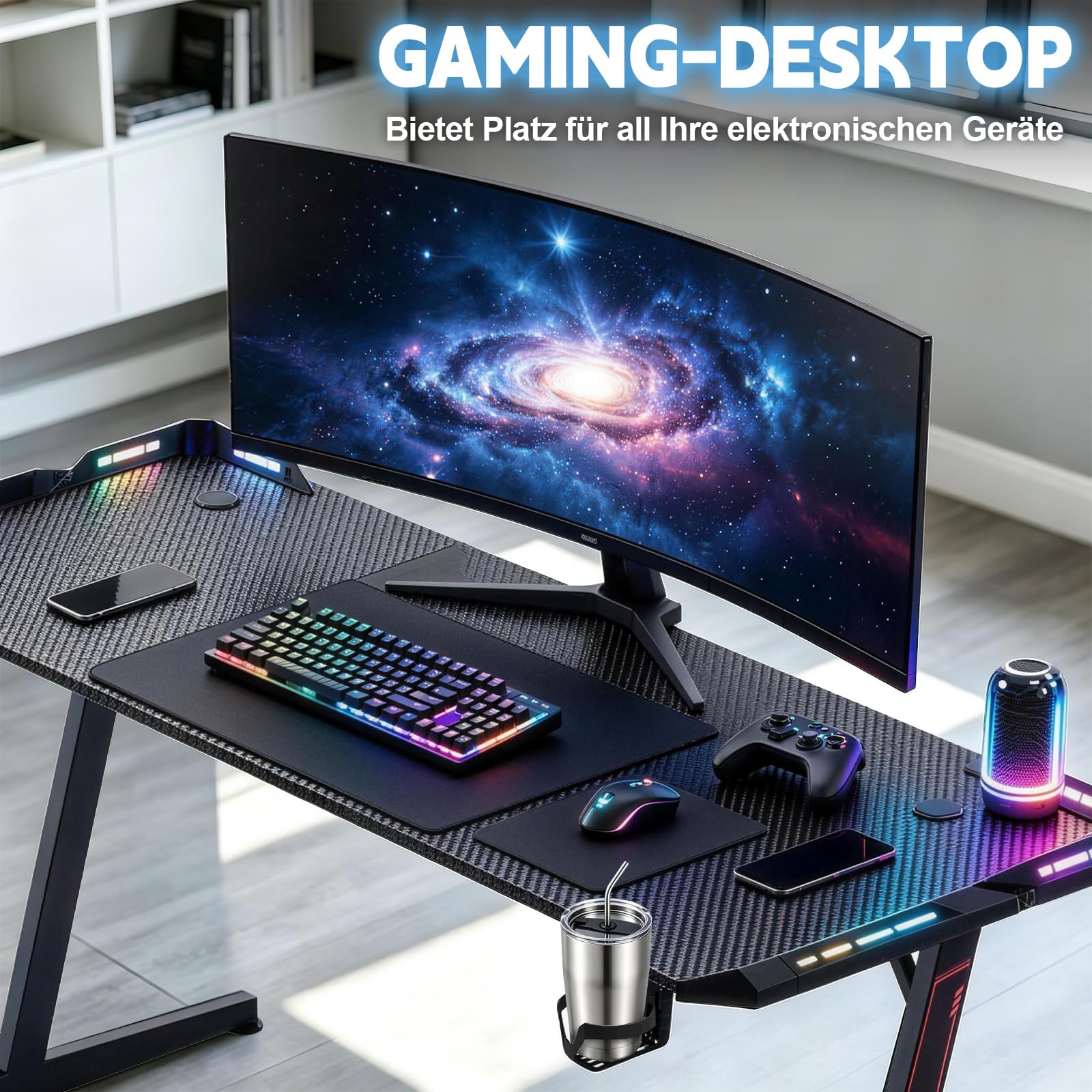 Gaming Tisch L07 mit LED 140CM – PC Schreibtisch mit Carbon-Oberfläche, 2 RGB LED Streifen (352 Modi, 10 Helligkeitsstufen), Z-förmiger Stahlrahmen bis 80kg, Getränkehalter & Kopfhörerhaken