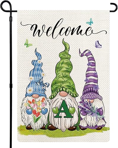 YOVOYOA Bandera de jardín con monograma de flores de gnomos de primavera, bandera de bienvenida de primavera con texto en inglés Hello Spring con