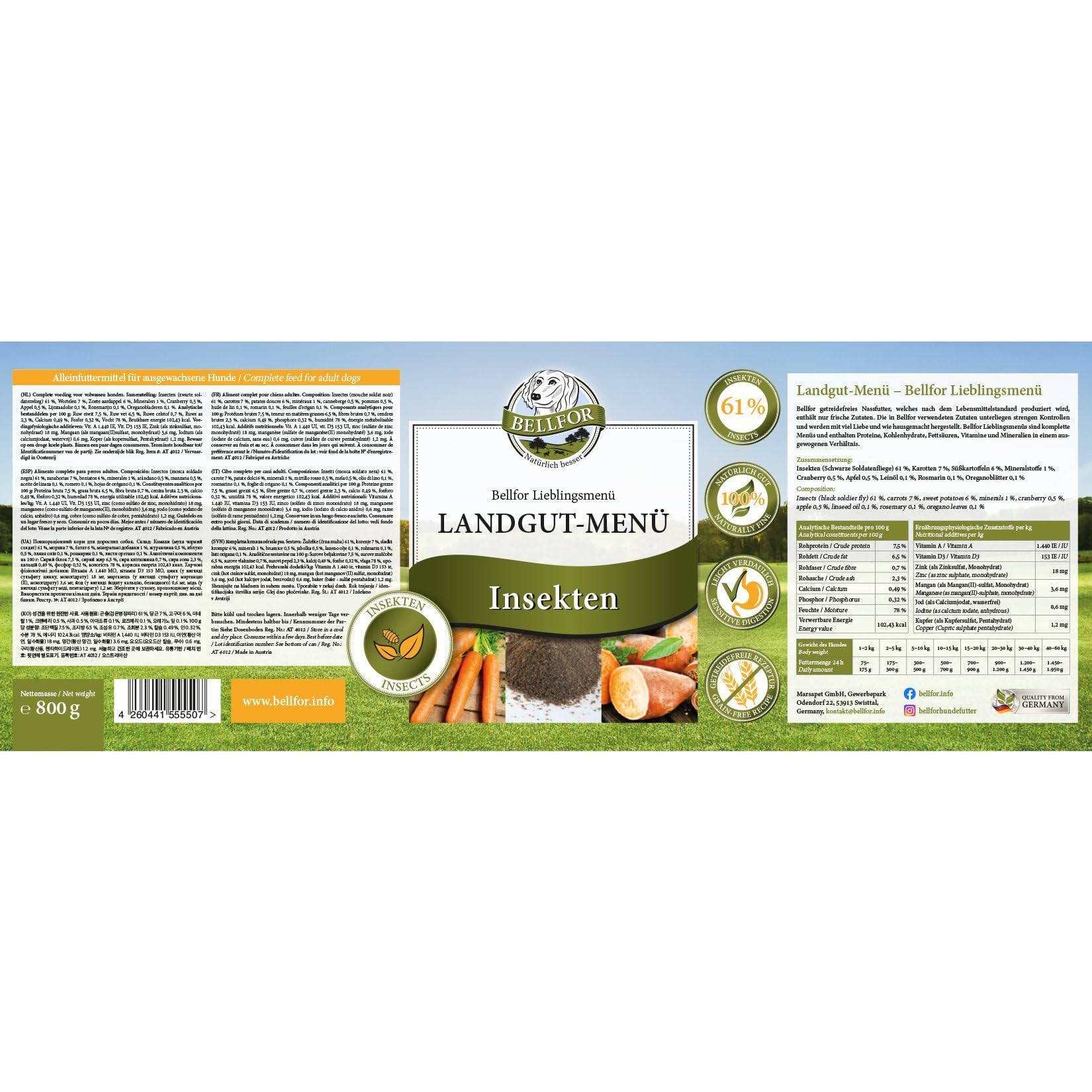 Bellfor Landgut-Menü Hochwertiges Getreidefreies Hypoallergenes Nass-Hundefutter mit Insekten, 6 x 800 g - Diätfutter mit hoher Verdaulichkeit ohne tierische Nebenerzeugnisse