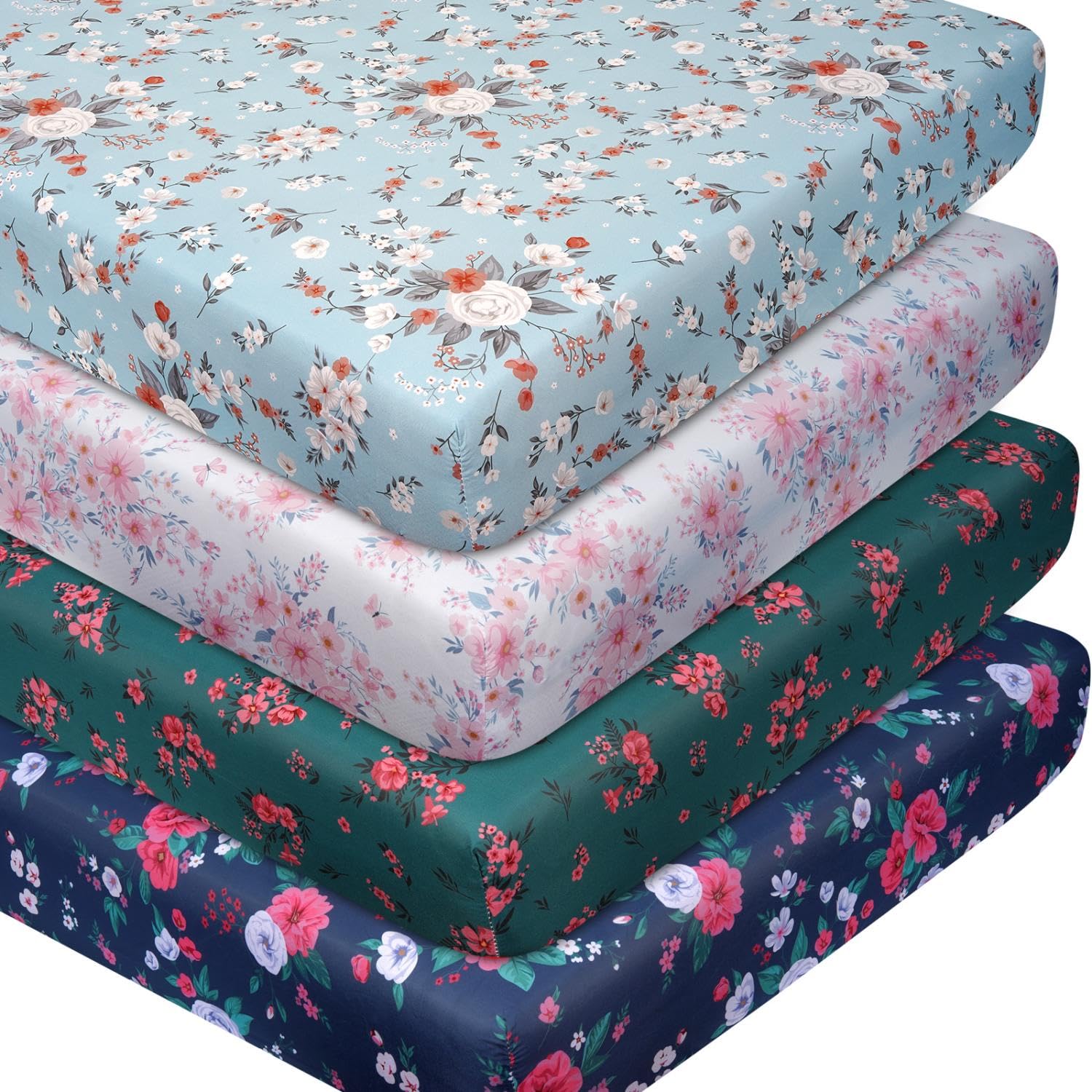 Floral Pattern Crib Sheets Neutral, Breathable Soft Microfiber Crib Sheets, 28 X 52 in Baby Sheets for Crib, 4 Pack Fitted Sheet for Toddler Bed