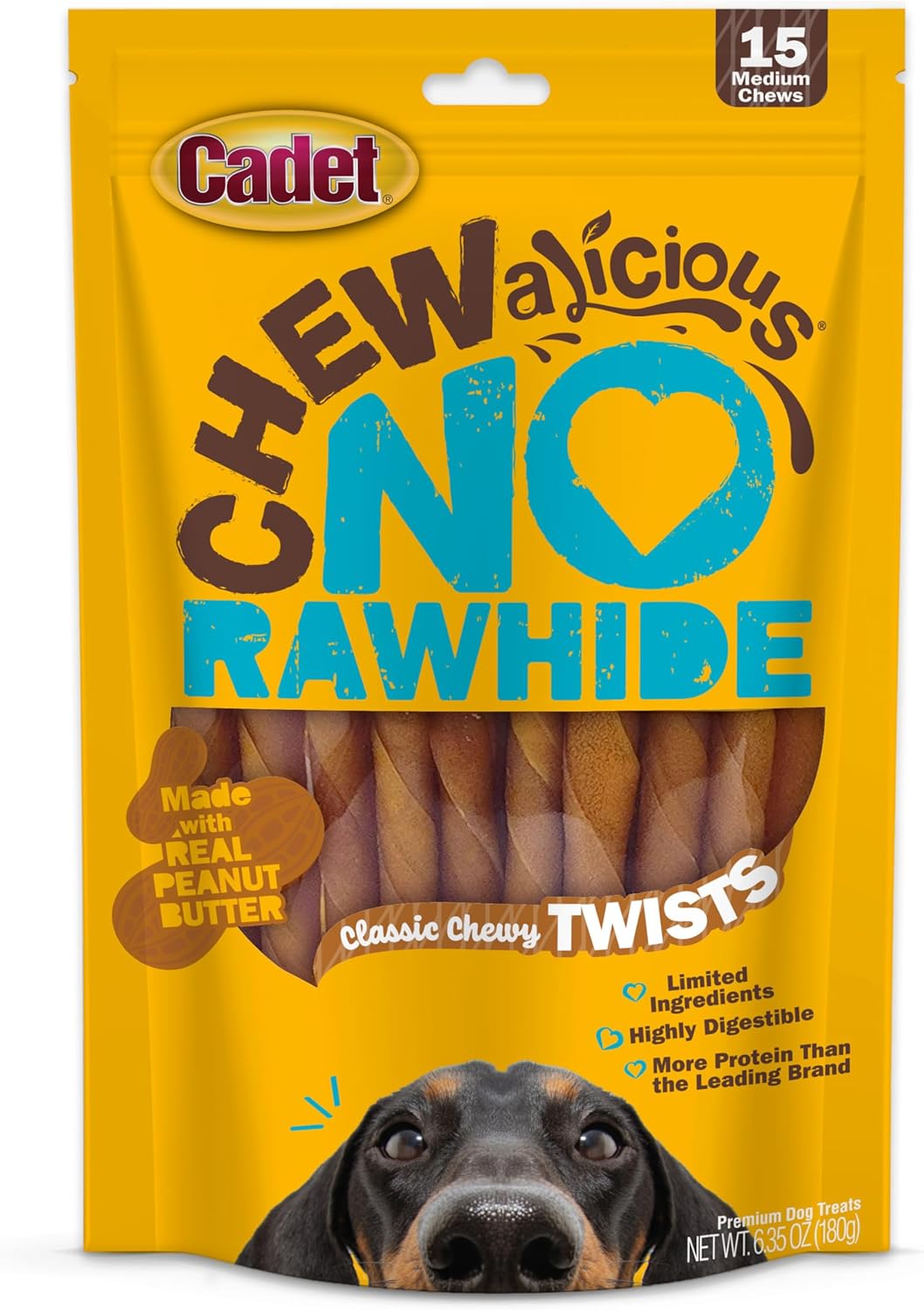 Cadet Chewalicious Classic Chewy Twists, No Rawhide Dog Chews, 15 Count