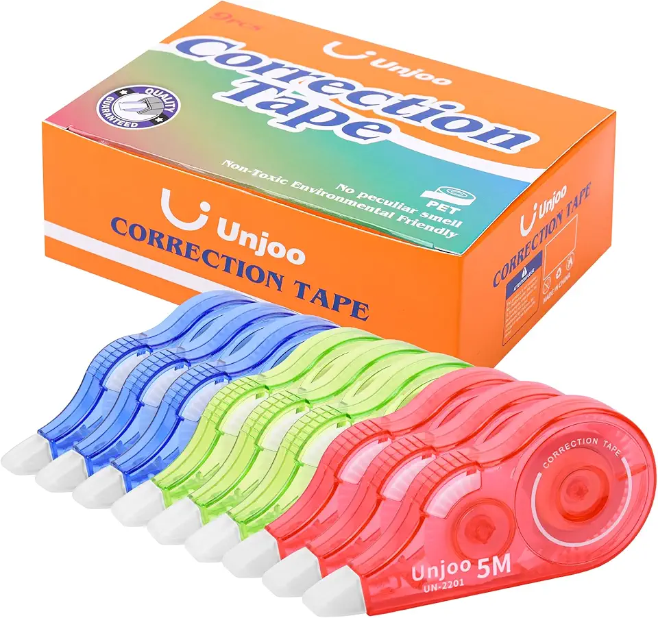 White Correction Tape, Easy To Use Applicator, Fast Clean Tear-Resistant Tape For school Supplies, Office (9-pack, 5M/196, Red, Green, Blue, Tape Width 0.2in)