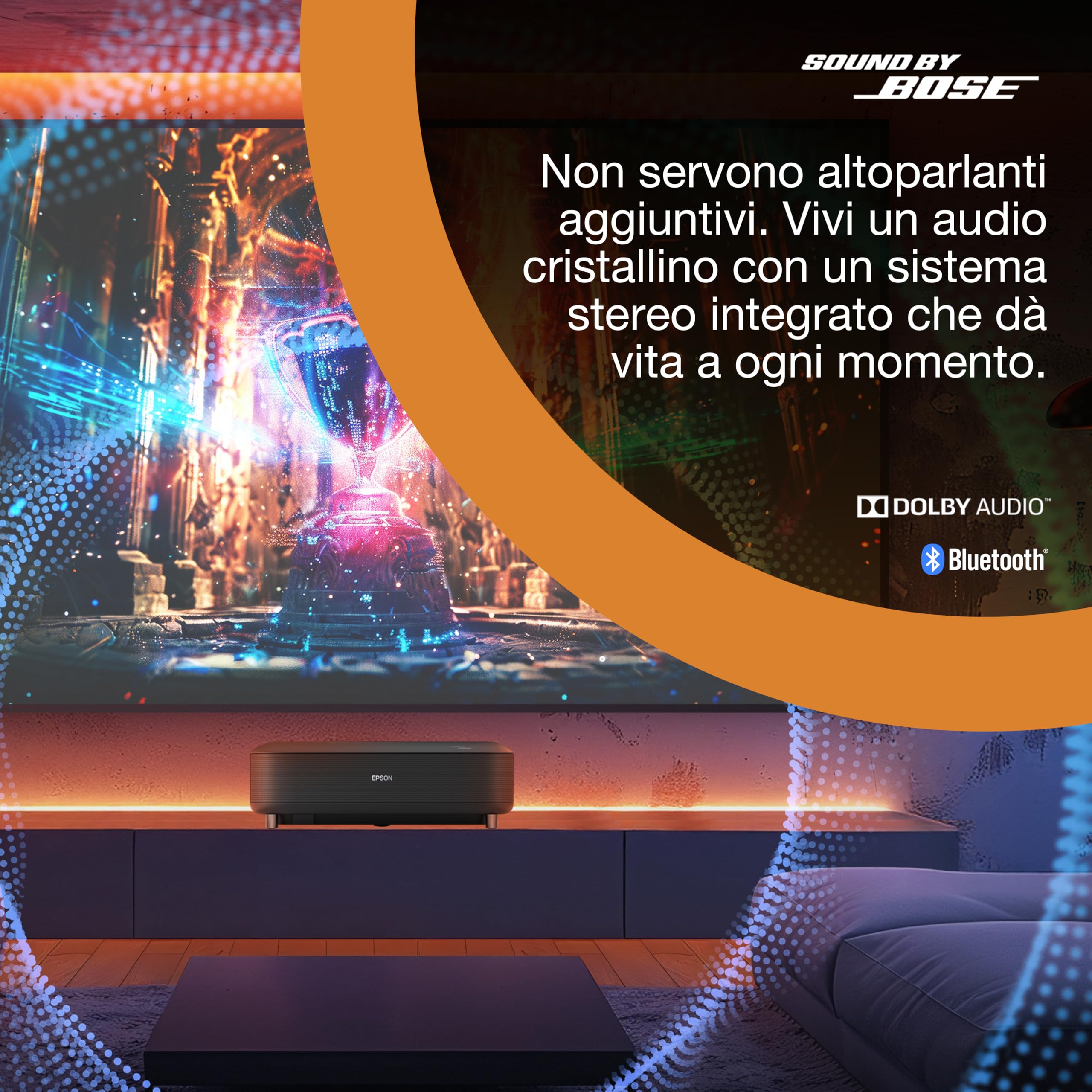 Epson Lifestudio Grand EH-LS670B | Videoproiettore TV laser ottica ultra-corta | Home Cinema 4K PRO‐UHD | 3.600 lumen | Imaging IA | Sound by BOSE | Google TV | Display 120” | Garanzia 5 anni | Nero