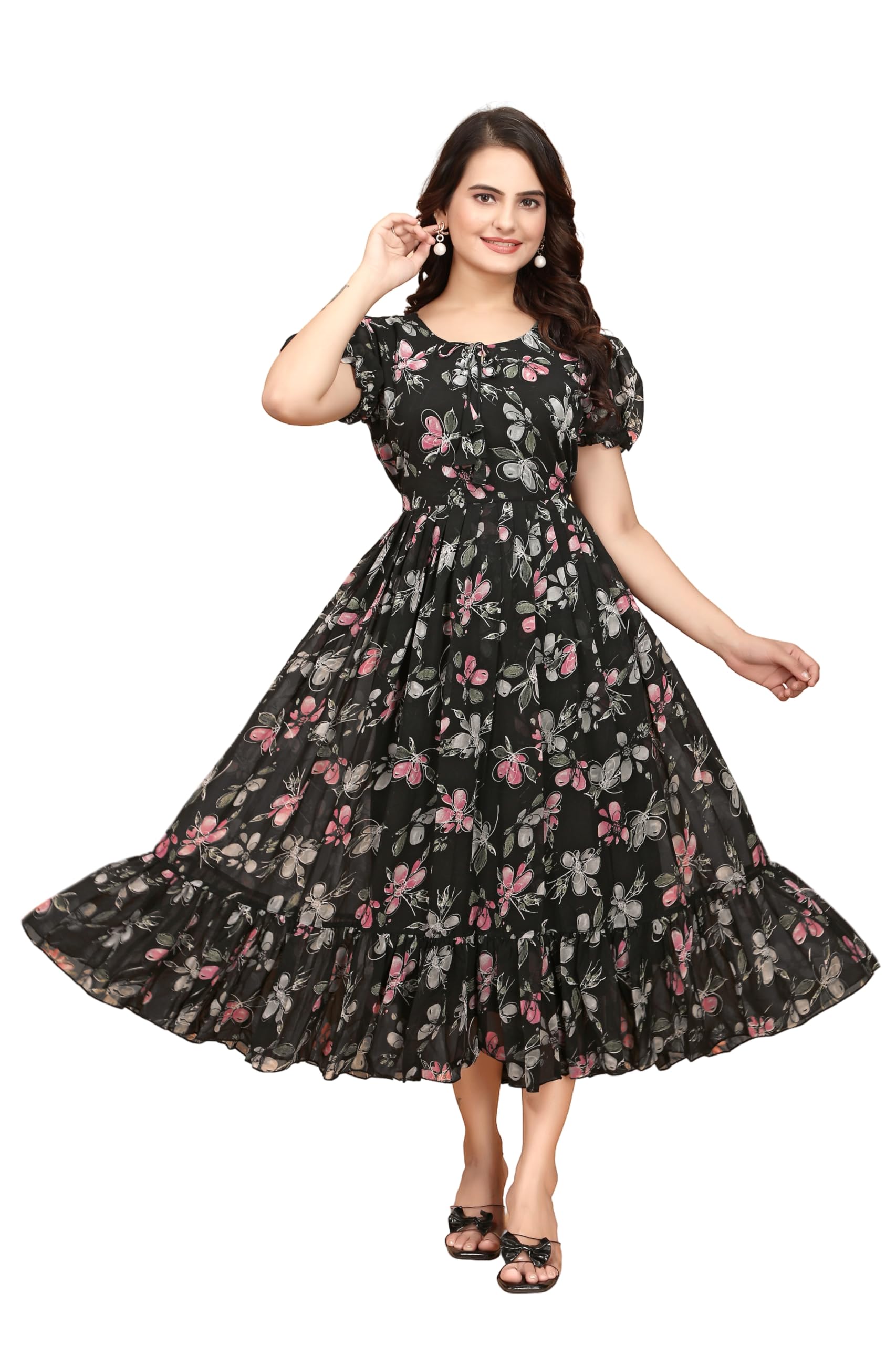 Women's Georgette Dresses Floral Printed One Piece Stylish Long Maxi Western Frock Midi Dress for Women (Puffed Sleeves) for Gals-image-29