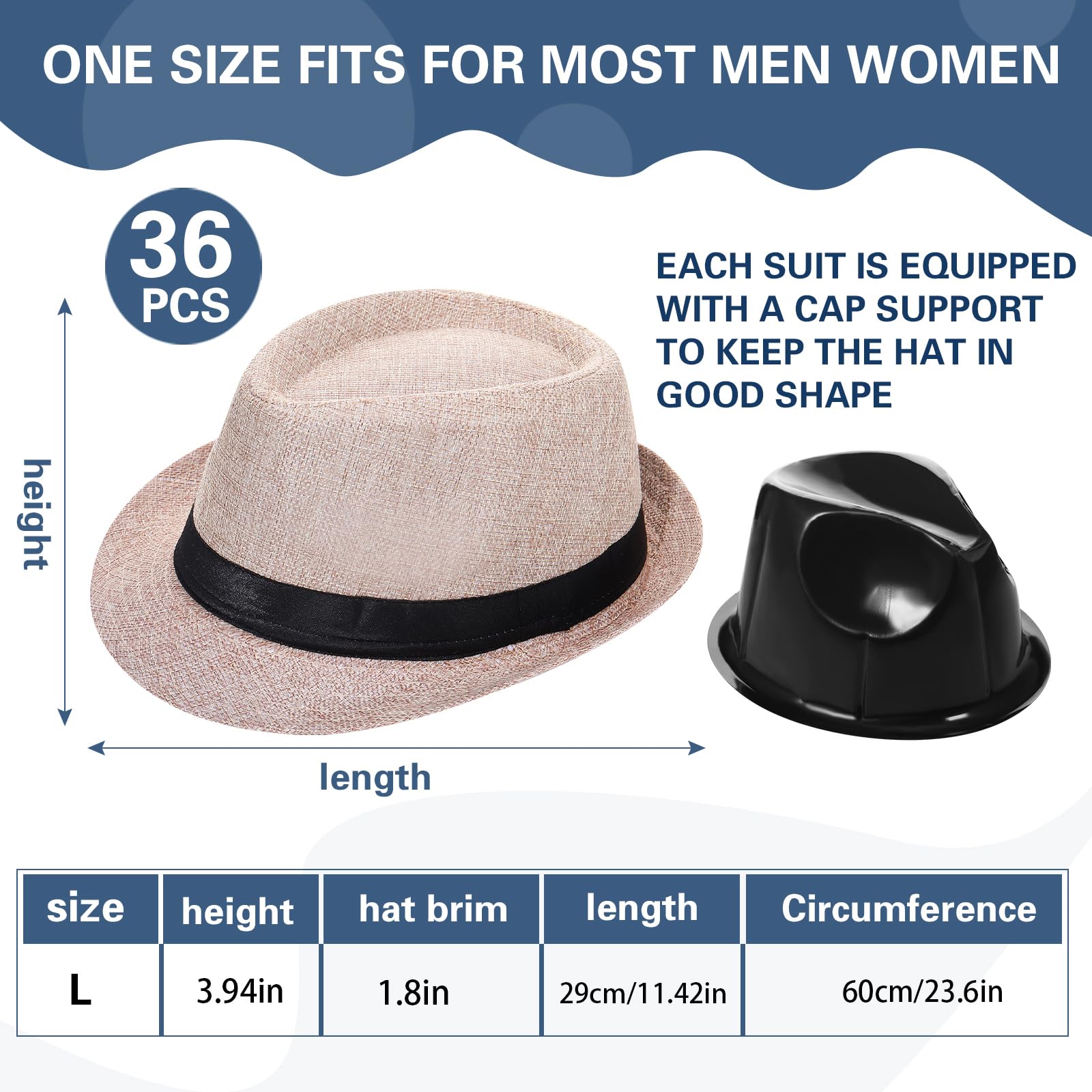 Suhine 36 Pcs Halloween Men Fedora Hat Bulk 20s Straw Short Brim Sun Panama Women Party Costume, Circumference 60 cm (Creamy White)