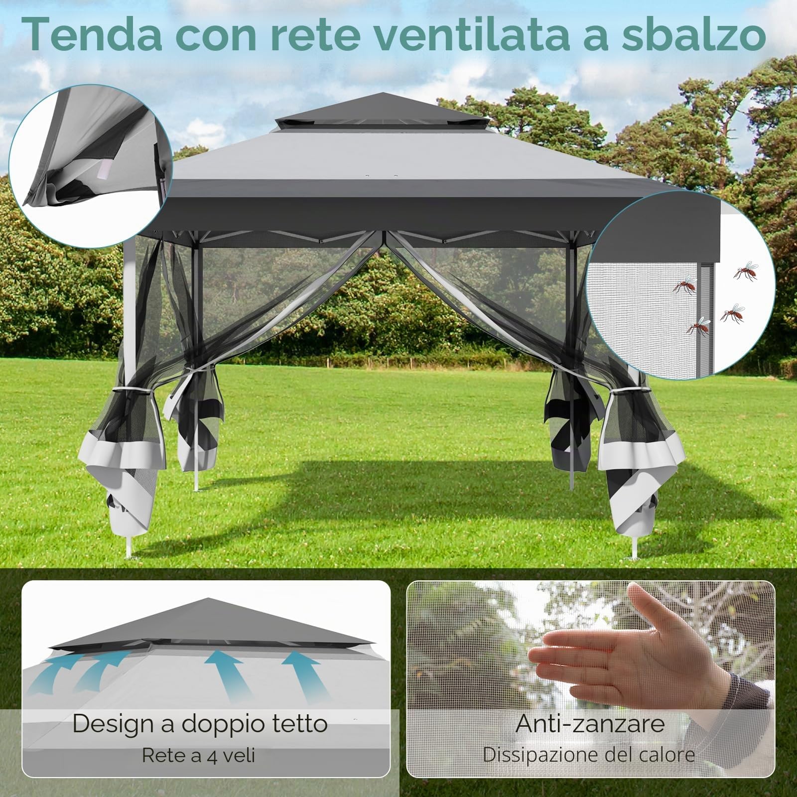 Gazebo pieghevole 3,3x3,3 m, con 4 pannelli laterali in zanzariera, One Push tenda con doppio tetto, Gazebo impermeabile da giardino 4 PCS Sacchi di Sabbia, per mercato/campeggio/spiaggia, Grigio