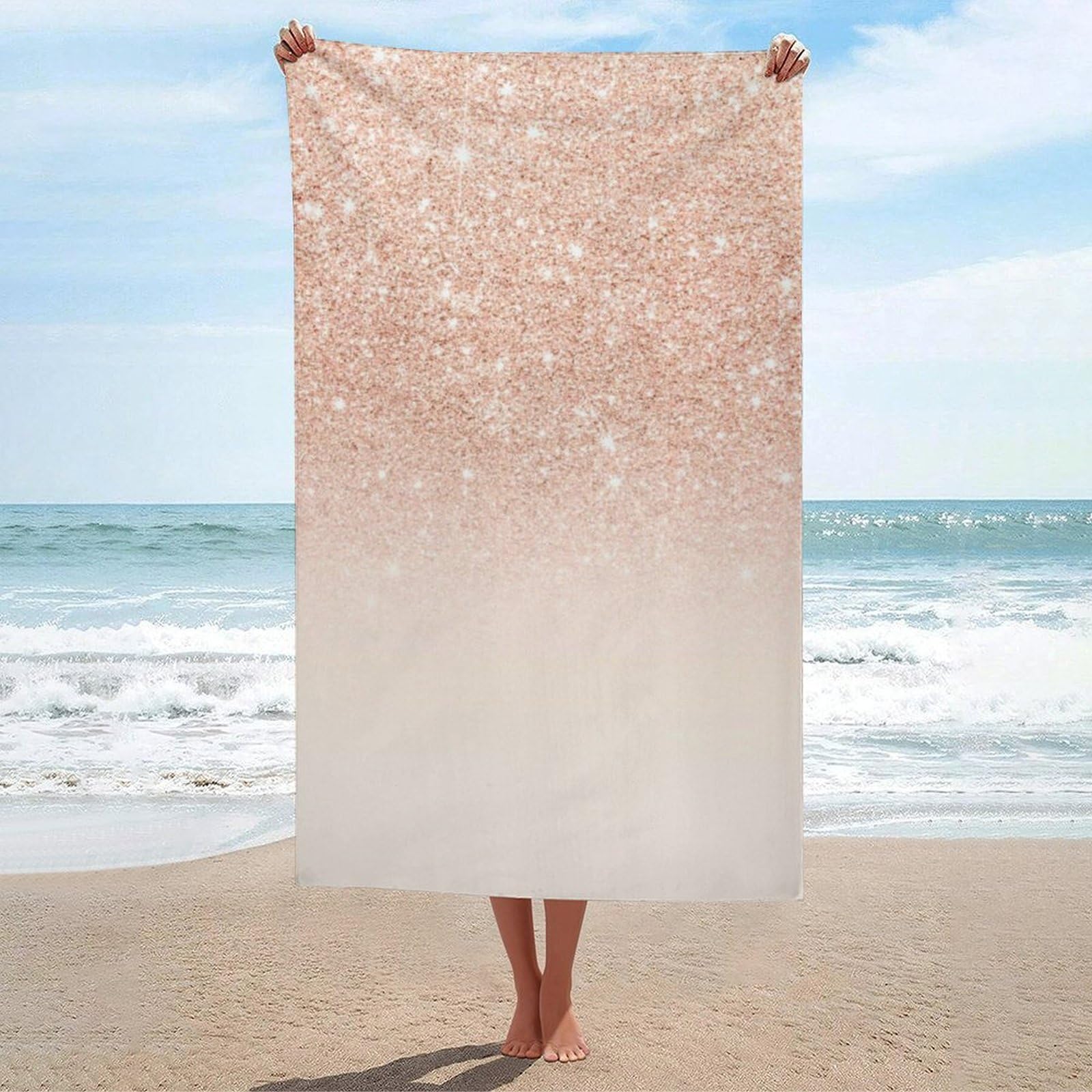 LEDFCVSU Beach Towel, Rose Gold Faux Glitter Bath Towel, Absorbent Towel for Swimming, Sports, Travel