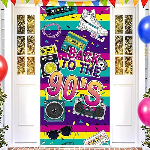 Miniatura 2 de Cartel de puerta de feliz cumpleaños de los años 90 de 35 x 71 pulgadas, cubierta retro para puerta de fiesta con reproductor de cassette, diseño de