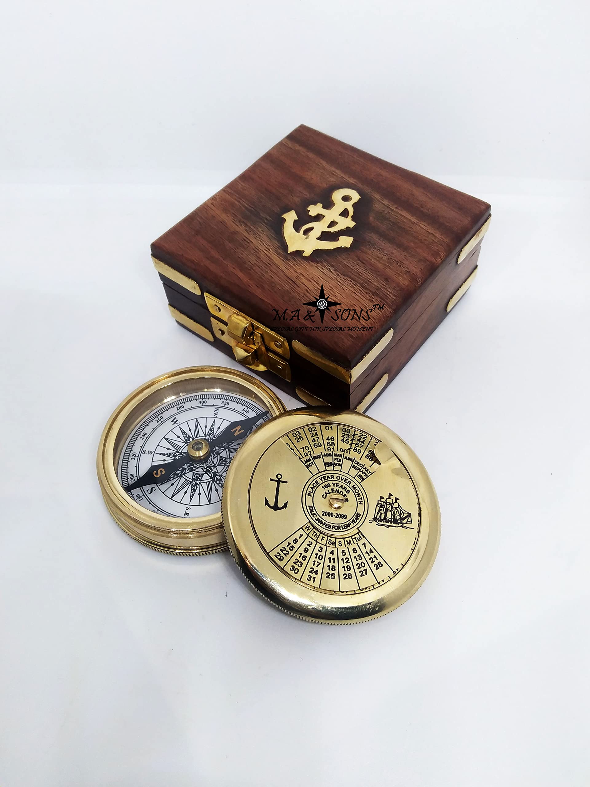 Personalize Brass 100 Years Calendar Compass with Wood Box Campign Hiking Direction Compass