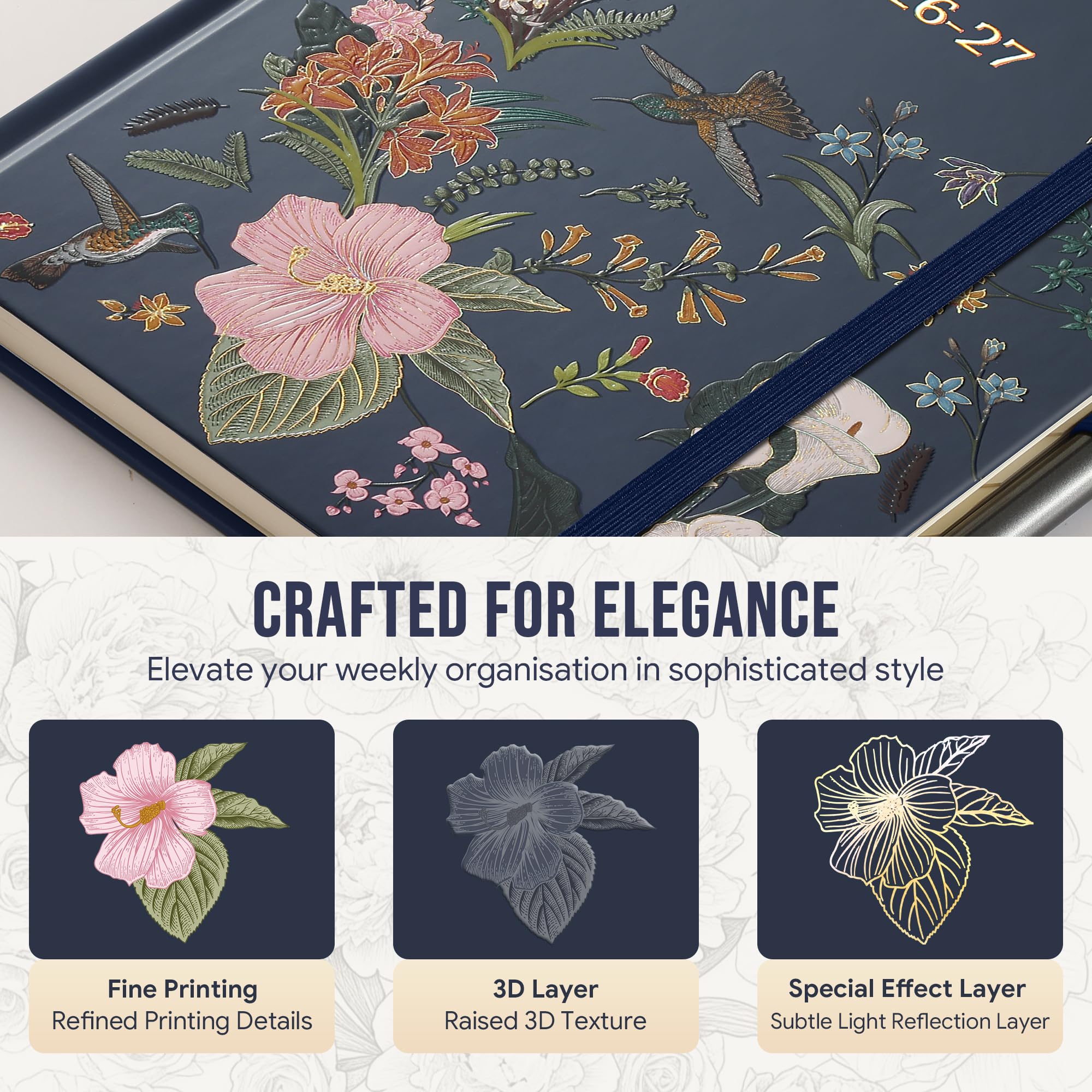 Agenda semanal y mensual 2026-2027 con ranuras horarias, calendario académico de 18 meses de julio de 2026 a diciembre de 2027, diseño vertical, pestañas mensuales, tapa dura con diseño de
