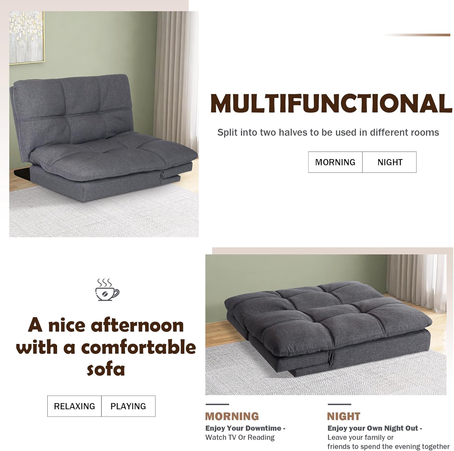 Futon Sofa Bed, Memory Foam Futon Sleeper Sofa Loveseat Convertible Couch Bed for Small Compact Living Spaces,Apartment,Grey Linen Fabric
