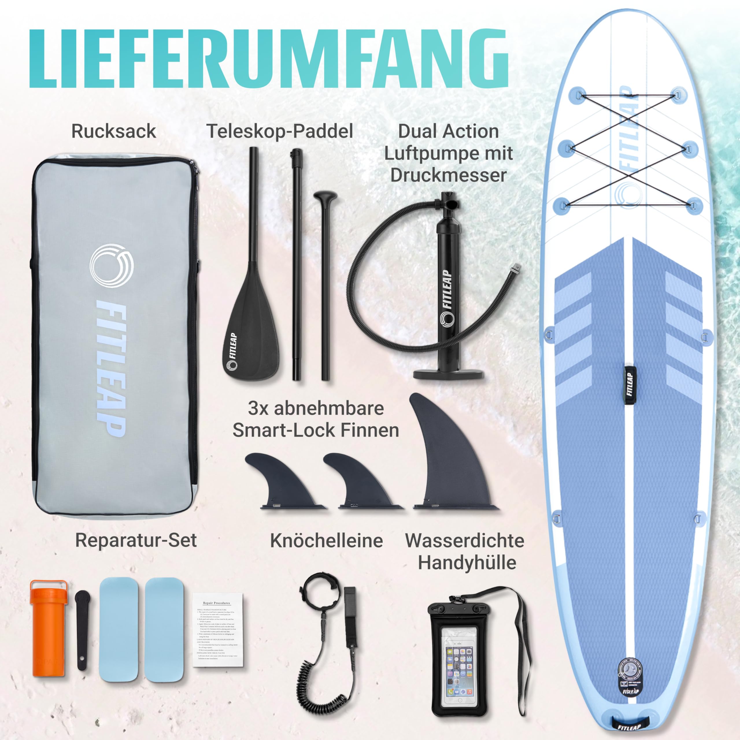 Fitleap Premium Stand Up Paddle Board aufblasbar - SUP Board Set mit Hochdruckpumpe, verstellbarem Paddel und Rucksack - Ideal für Anfänger und Profis - Perfekt für Yoga, Surfen und Wassersport