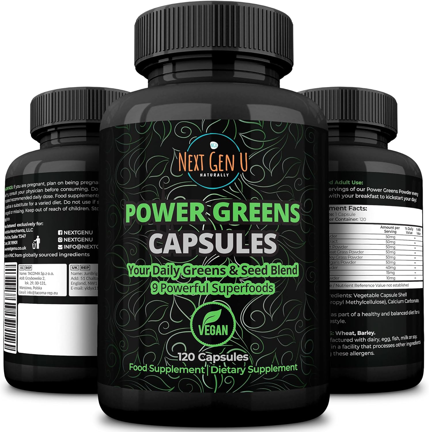Super Greens – Immune System Support – 500 mg 120 Vegan Capsules – Superfoods for Daily Booster – Healthy Keto Blend with Acai, Wheatgrass, Guarana, Chlorella, Flaxseed, Matcha, Maca – by NextGenU