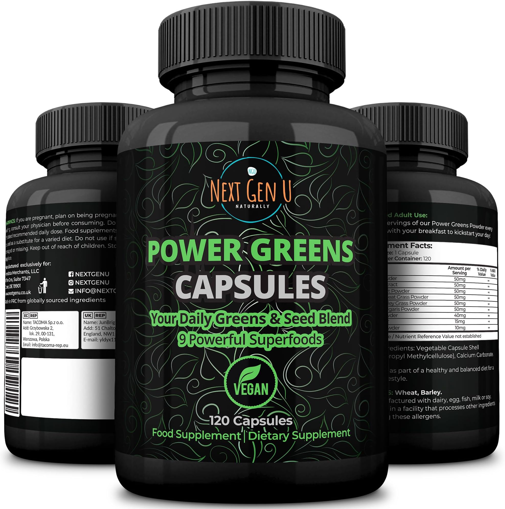 Super Greens - Immune System Support - 500 mg 120 Vegan Capsules - Superfoods for Daily Booster - Healthy Keto Blend with Acai, Wheatgrass, Guarana, Chlorella, Flaxseed, Matcha, Maca - by NextGenU