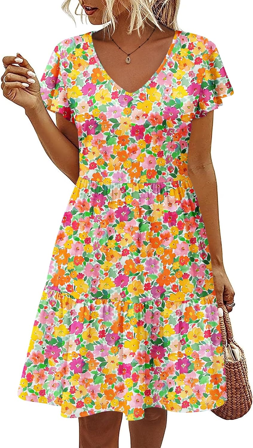 HOTOUCH Women's Casual Summer Dress with Pockets V Neck Ruffle Sleeve A-Line Dresses