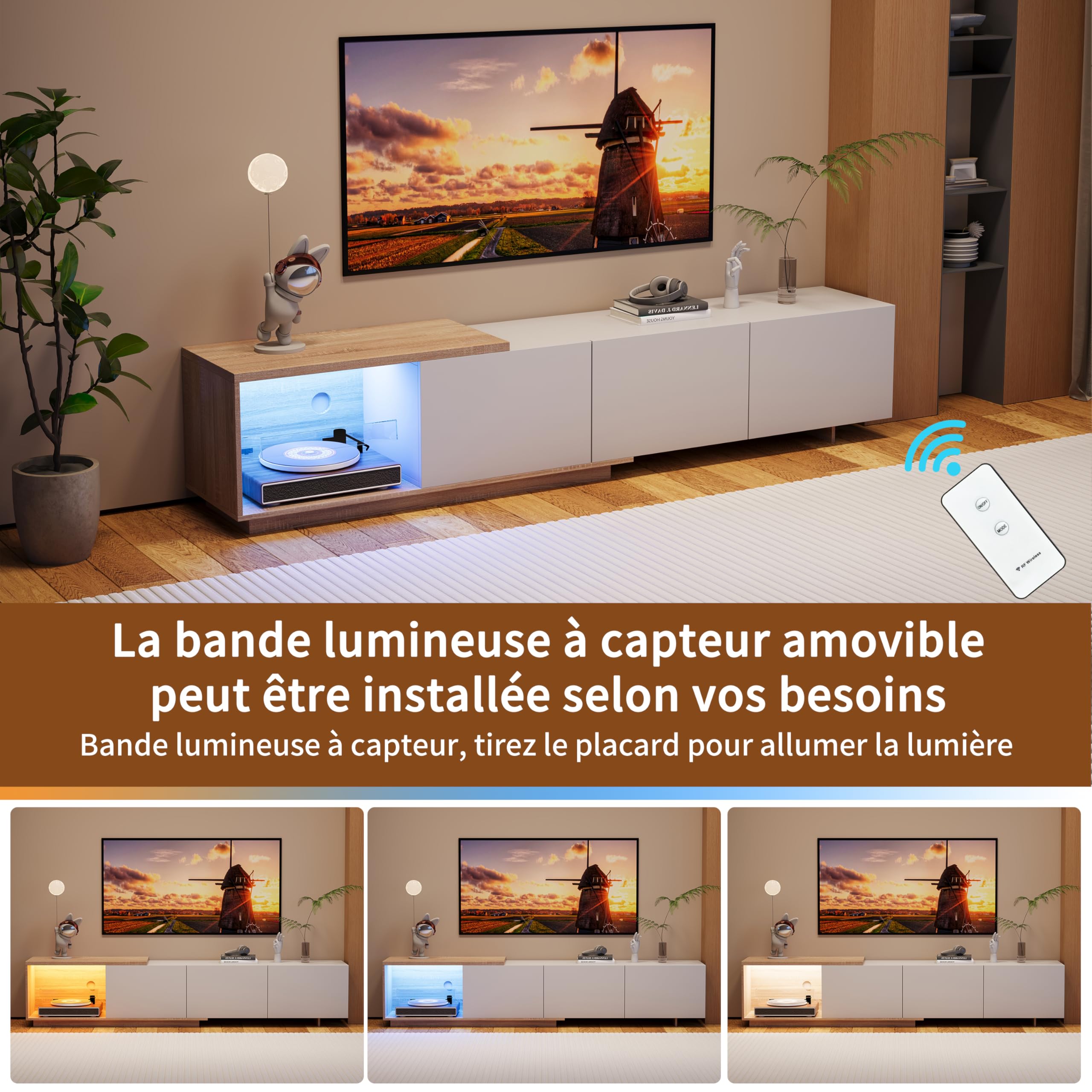 Mobile porta TV allungabile, mobile porta TV 240 cm di lunghezza con illuminazione LED, 3 cassetti, mobile TV in legno, mobili TV per televisioni da 65 pollici, mobili TV moderni per soggiorno o