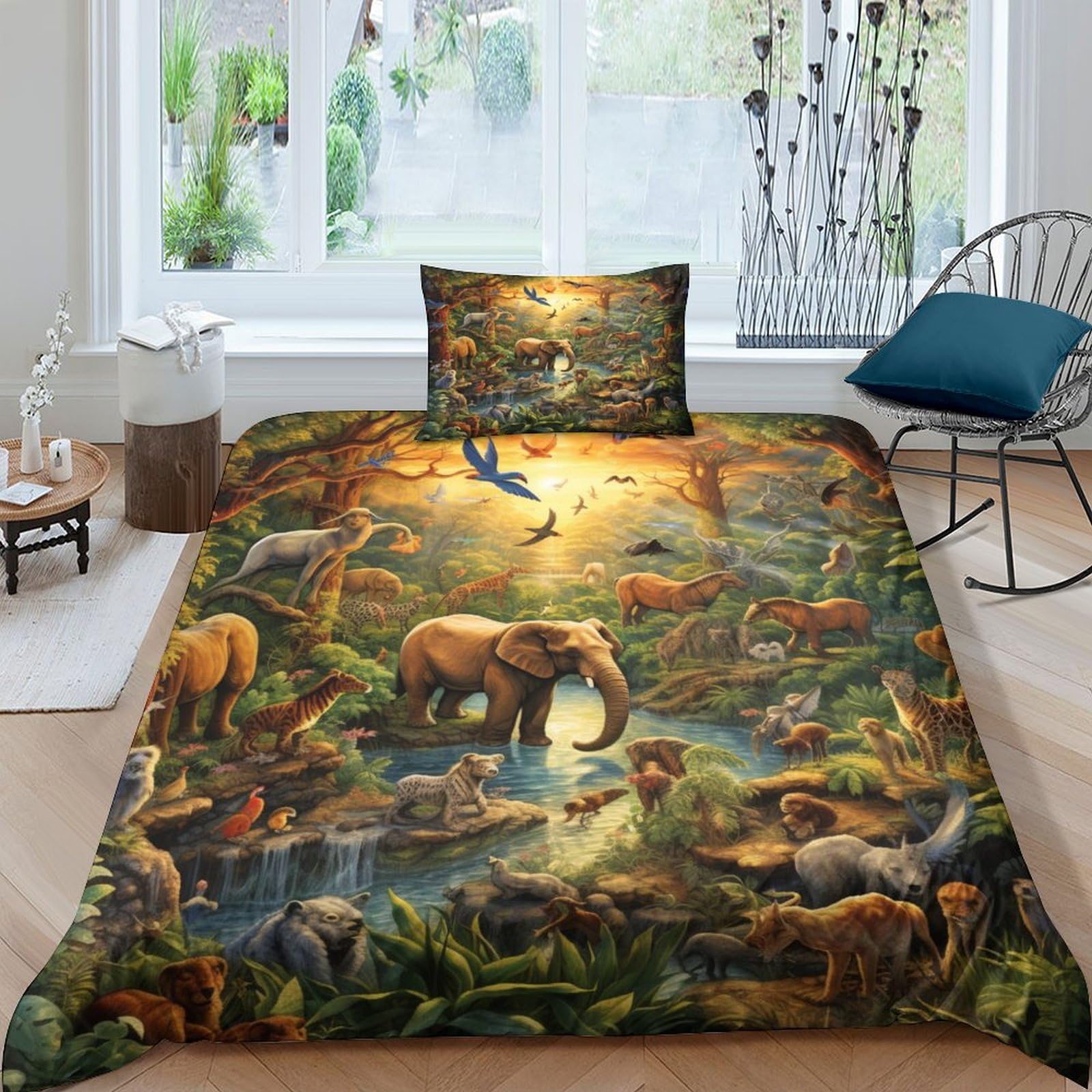 LKBASOEGD Jungle Animals Duvet Cover Sets 3 PCS Hotel Quality Quilt Cover Bedding Sets Bed Covers with Pillowcases with Zipper Closure Ultra Soft Hypoallergenic Microfiber Single（135x200cm）