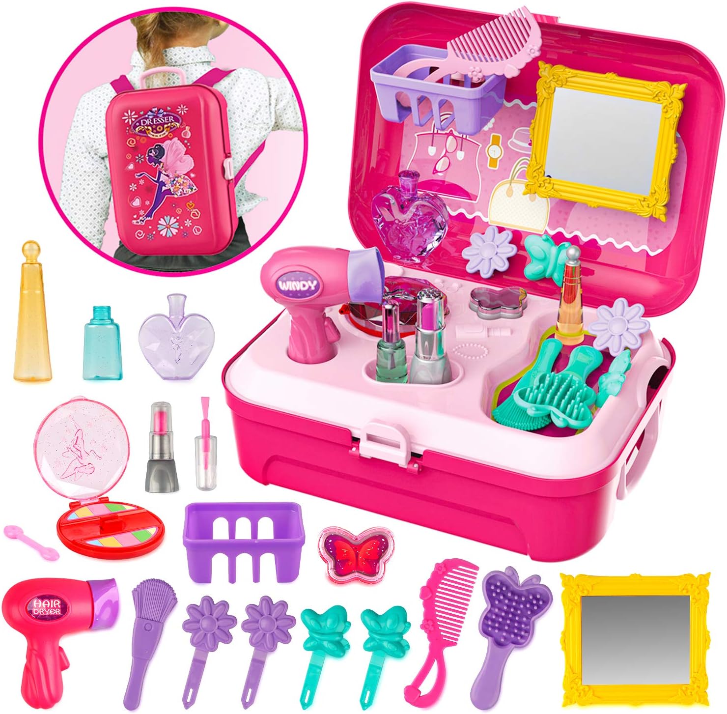 Pretend Makeup Sets Beauty Kit Dress Up for Little Girls with Backpack Hair Set Princess Gifts for Girls , 21 PCS