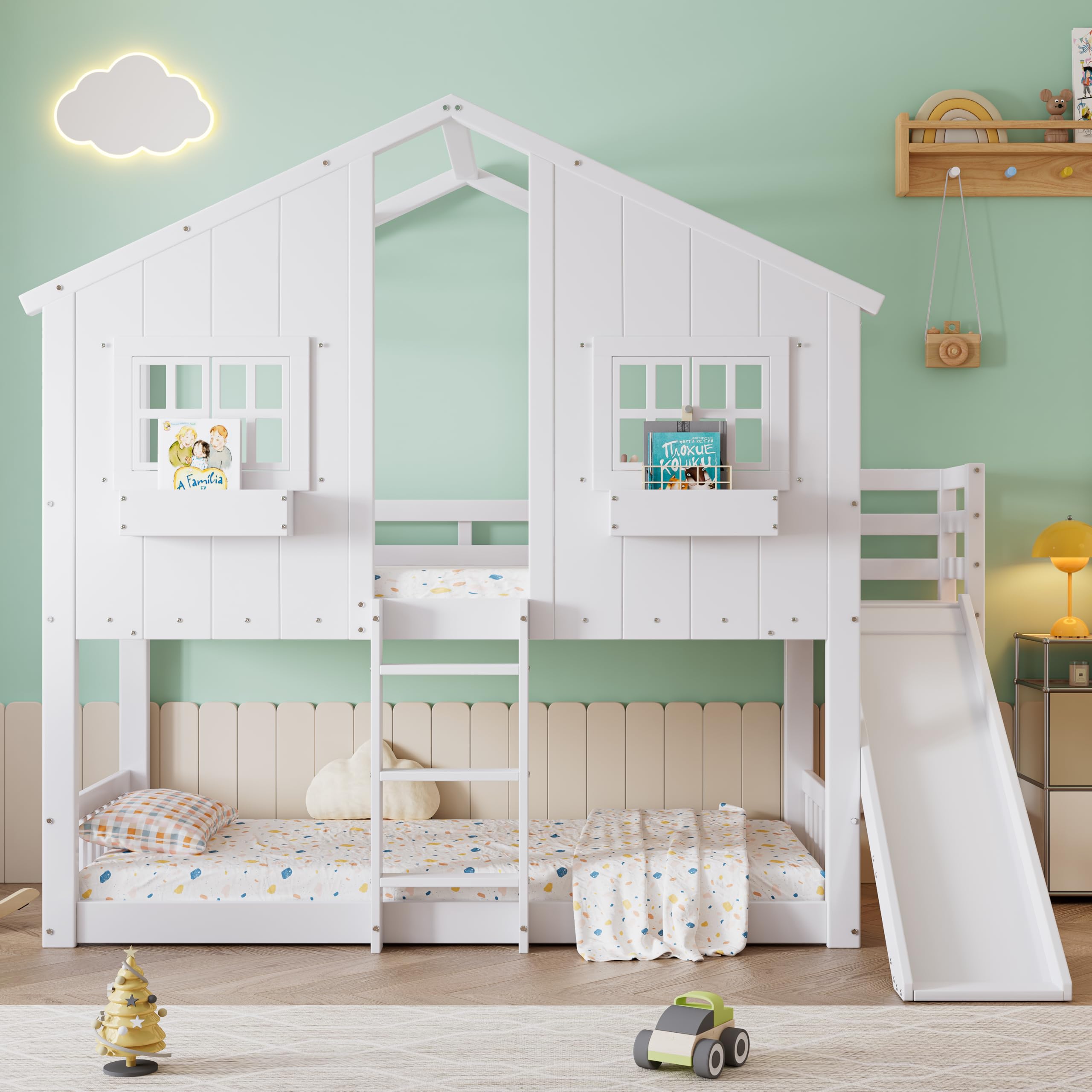 Etagenbett Kinderbett 90x200, Hochbett Hausbett für 2 Kinder, Stockbett mit Rutsche&Leiter&Fenstern&Dach&Aufbewahrungsbox, Doppelbett Holzbett mit Lattenrost&Rausfallschutz, Kiefer, Ohne Matratze,Weiß