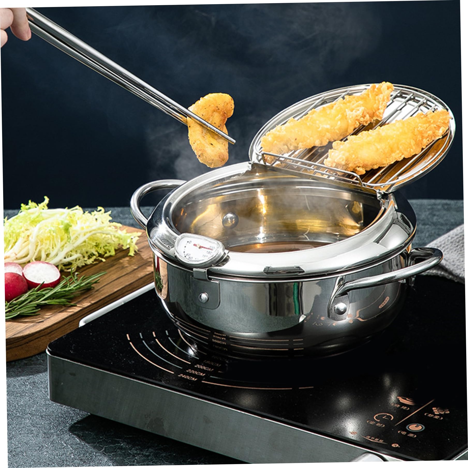 Olla freidora Olla para freír tempura japonesa de acero inoxidable de 3, 2 L con escurridor de temperatura y goteo de aceite Rejilla para freír pequeña de 9, 4 pulgadas con asas para cocina Pescad