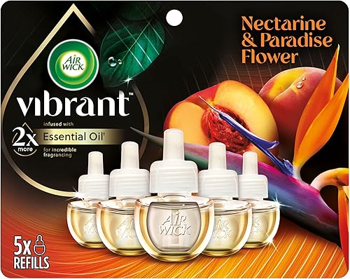 Air Wick Vibrante repuesto de aceite perfumado enchufable, 5 unidades, nectarina y flor del paraíso, ambientador, aceites esenciales