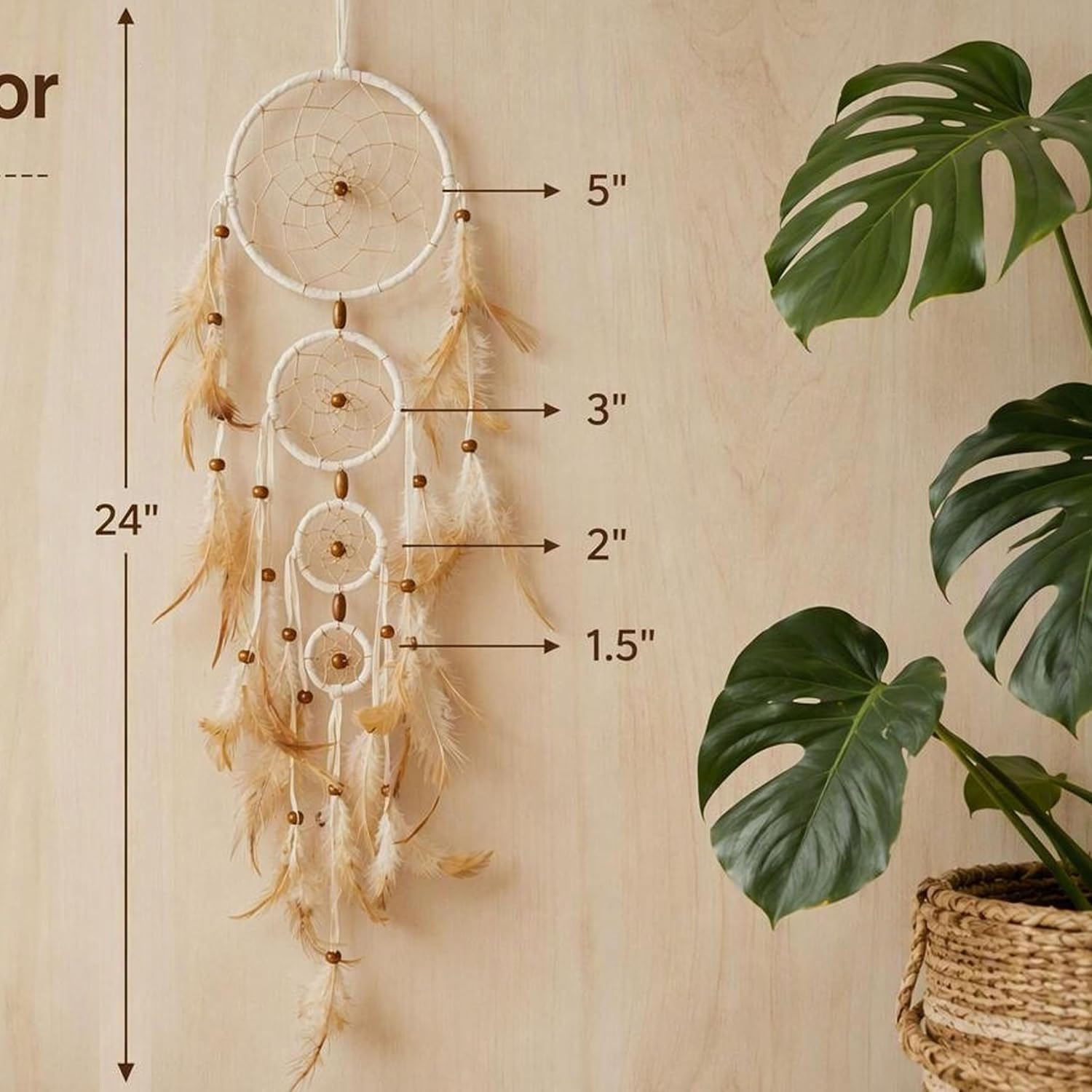 Boho Dream Catcher Wall Hanging, 4‑Tier Handmade Cream White Dreamcatcher with Natural Feathers & Wooden Beads, Bohemian Wall Decor for Bedroom Living Room Nursery, Gift for Women Girls