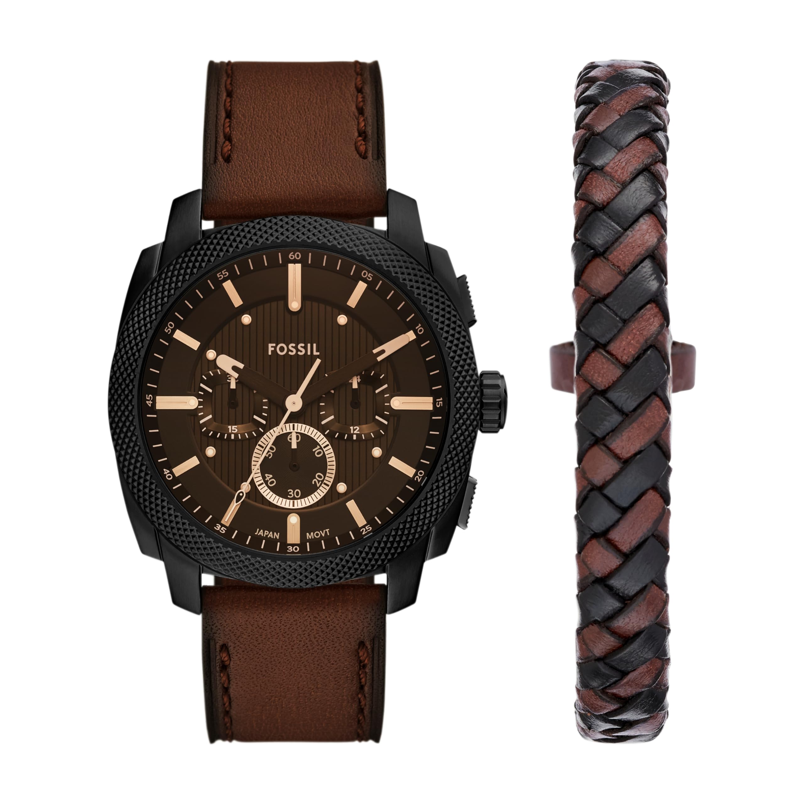 Photo 1 of Fossil Men's Watch and Bracelet Set, Machine Brown Leather/Black Gift Set, Bracelet and Watch for Men