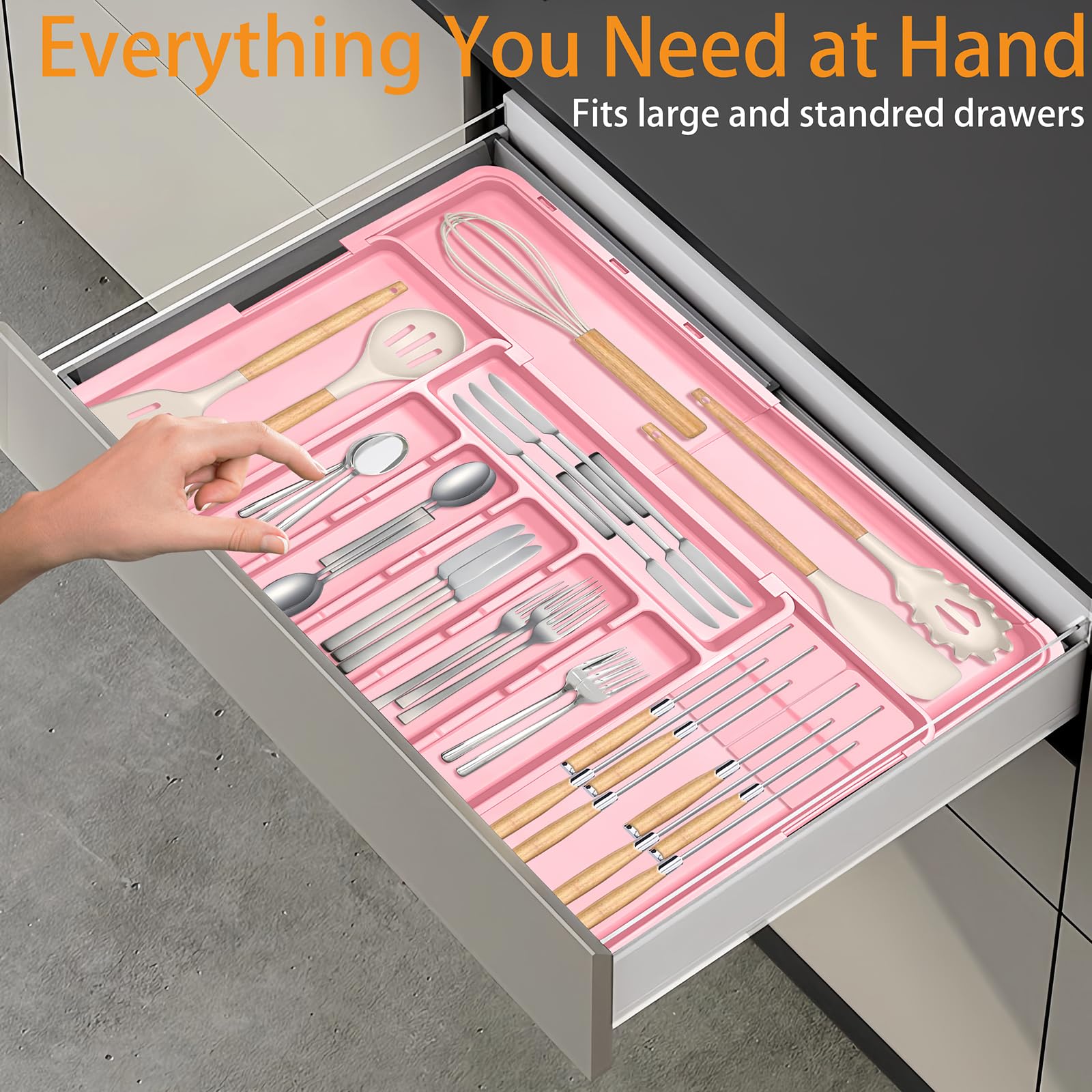 Homecor Silverware Organizer – Grande organizer espandibile per cassetti da cucina con 2 inserti per ceppi coltelli, vassoio portaposate da 55,9 x 48,9 cm, con divisori per cassetti, per posate da