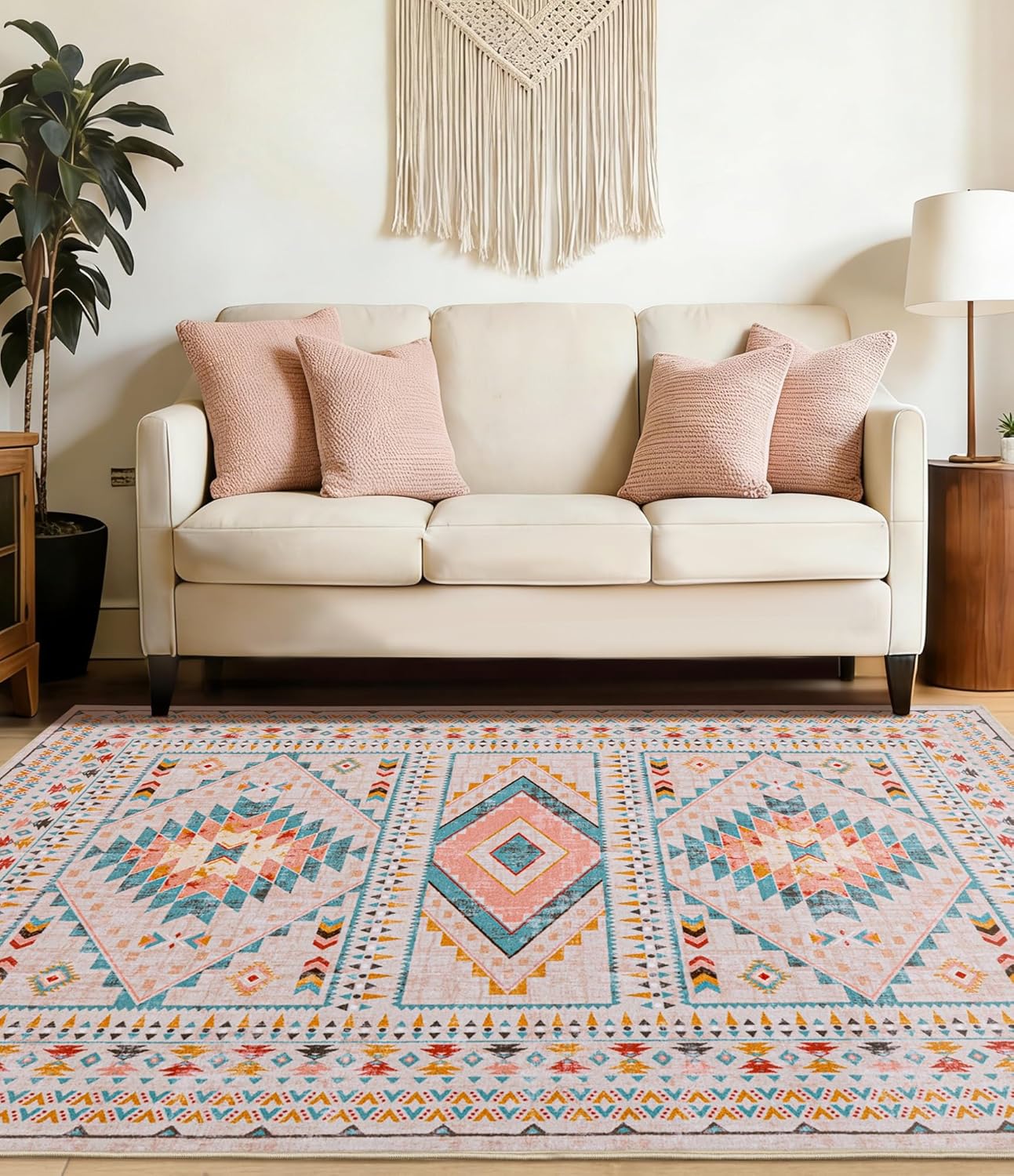 YIHOUSE Boho Area Rug 5x7, Pink Tribal Rug for Bedroom, Soft Non-Slip Washable Rugs for Living Room, Dining Room, Nursery (Pink/Blue, 5'x7')