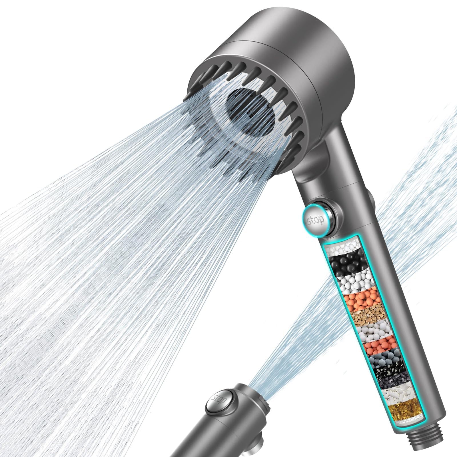 Duschkopf mit Filter MEKO Hochdruck Handbrause mit 15 Schichten Filtersystem, 1,5M Schlauch 3 Strahlarten Wassersparender Duschkopf für Entfernen vom Rest-Chlor, harten Wasser, Schwermetall