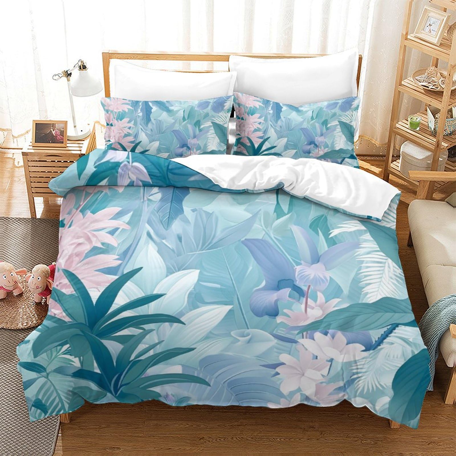 Housse de couette imprimé plantes tropicales 3D en microfibre premium pour lit king size 220x240