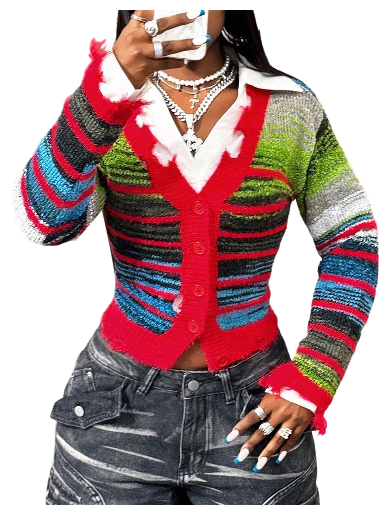 Womens Colorful Striped Cropped Sweaters Button Down Fitted Cardigans Y2k Fall Tops