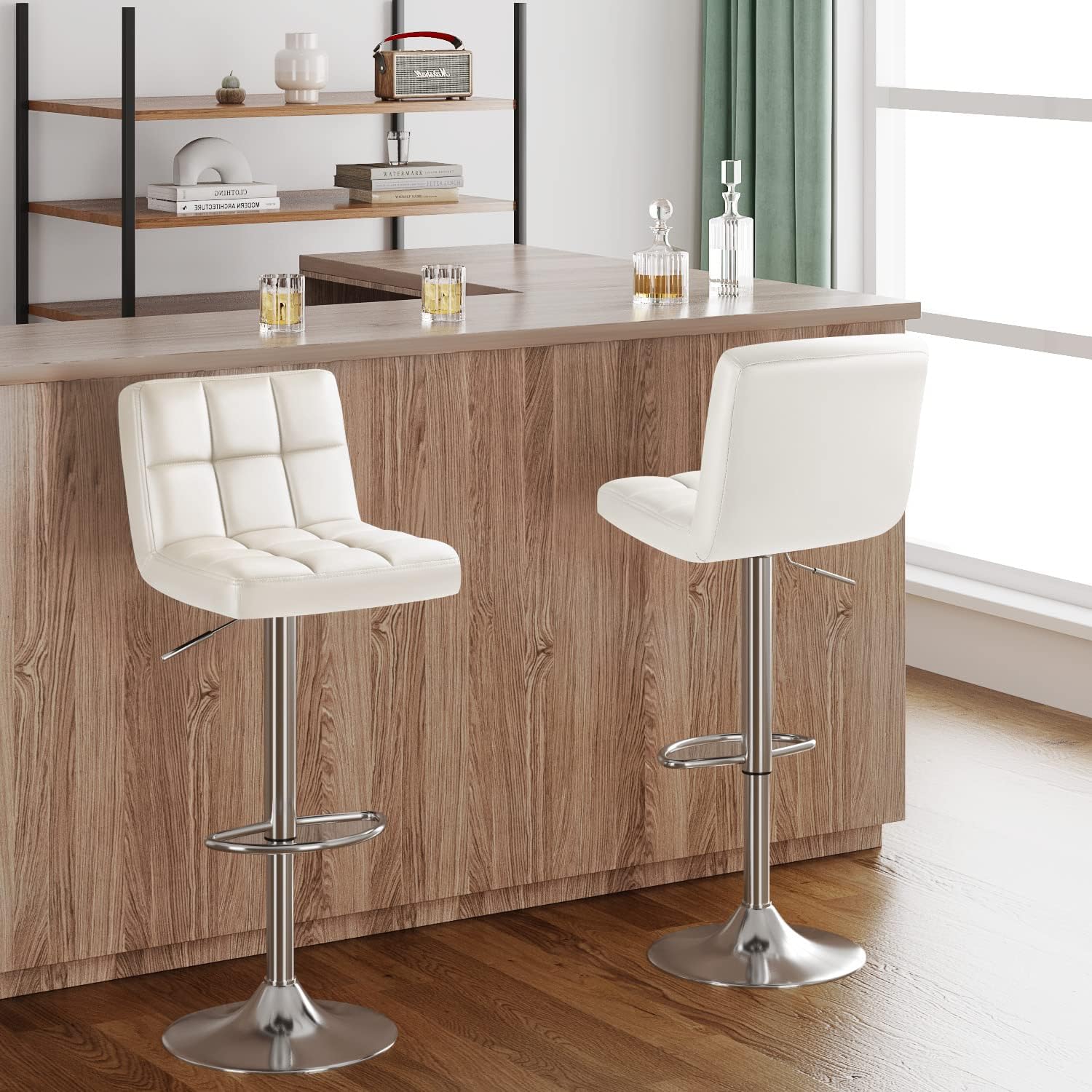 Furmax Bar Stools Modern Pu Leather Swivel Adjustable Hydraulic Bar Stool Square Counter Height Stool Set of 2 (Beige)