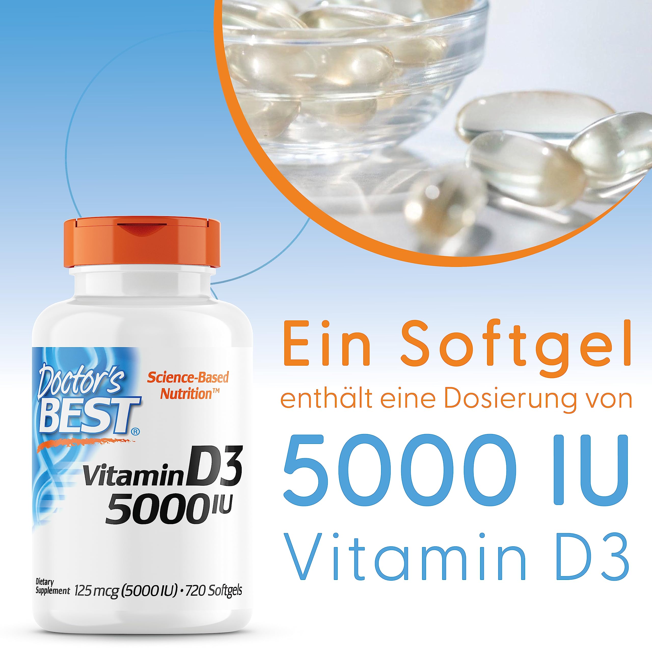 Doctor's Best, Vitamin D3, 5.000 IU, Hochdosiert, Depot Wochendosis, 720 Weichkapseln, Laborgeprüft, Sojafrei, Glutenfrei, Ohne Gentechnik